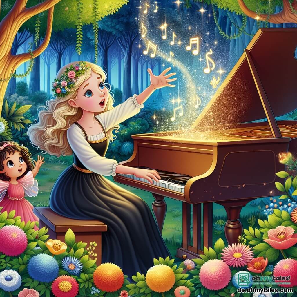 Une illustration destinée aux enfants représentant une jeune femme passionnée de musique, découvrant une mélodie magique émanant d'un piano enchanté, accompagnée d'une fillette mystérieuse aux cheveux bouclés, dans un somptueux parc verdoyant orné de fleurs aux couleurs vives et d'arbres majestueux aux feuilles chatoyantes.