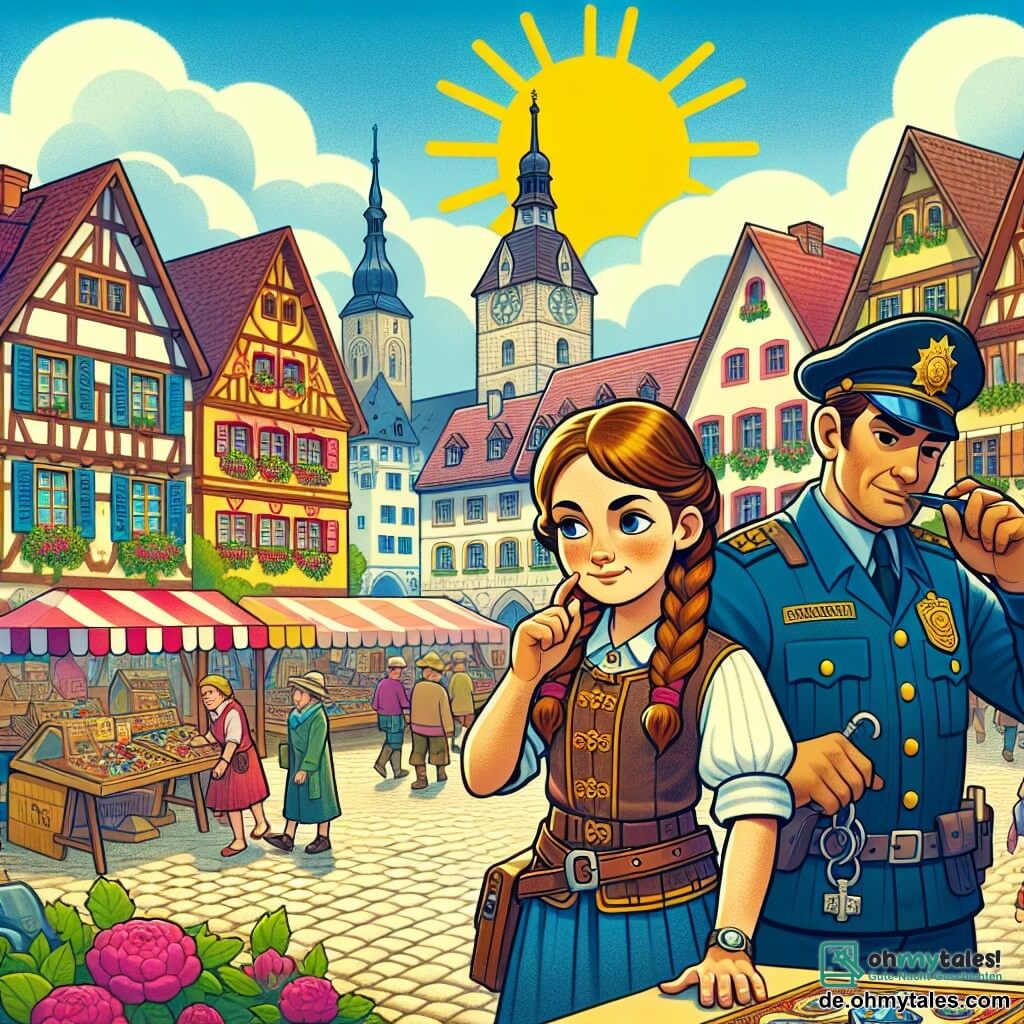 Une illustration destinée aux enfants représentant une courageuse détective femme résolvant un mystérieux vol de bijoux avec l'aide d'un policier garçon, dans la pittoresque ville ensoleillée de Sonnenstadt, pleine de rues pavées, maisons colorées et un grand marché animé.