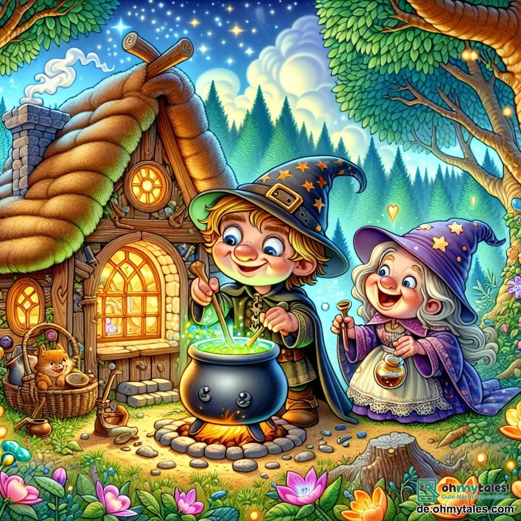Une illustration destinée aux enfants représentant un jeune sorcier maladroit concoctant un drôle de sortilège avec l'aide d'une sorcière joyeuse, dans un petit chalet magique entouré d'arbres enchantés et de fleurs lumineuses.