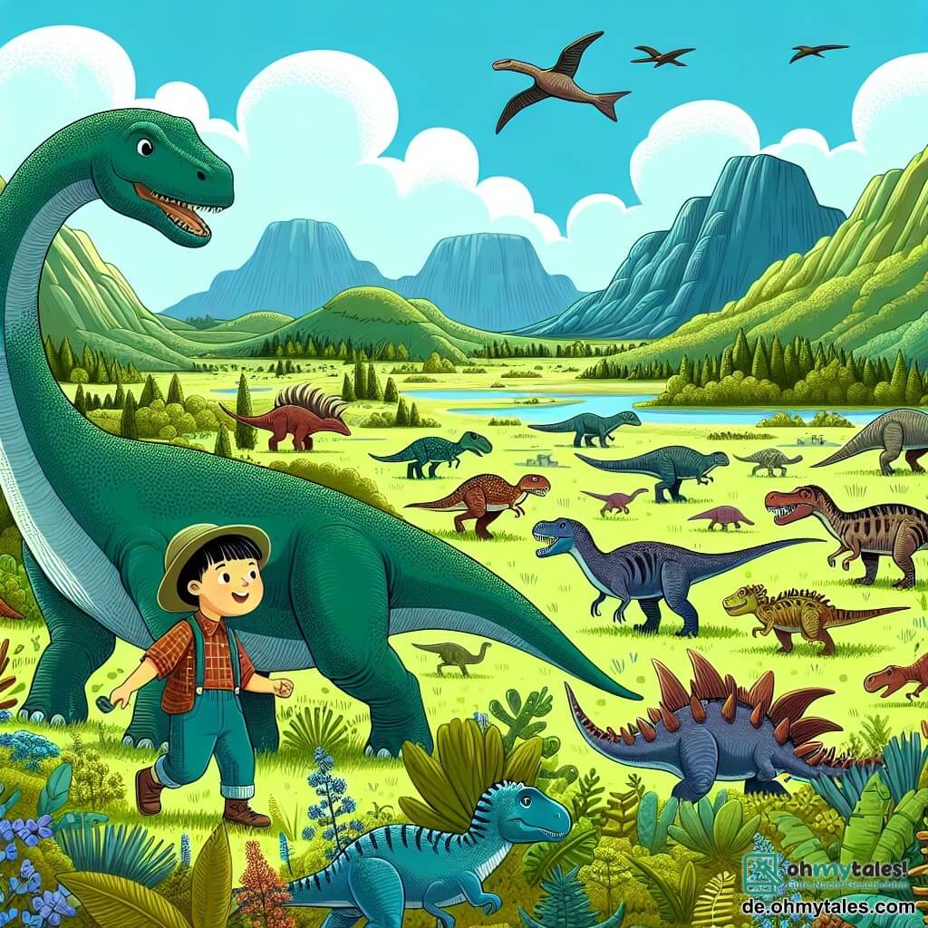 Une illustration destinée aux enfants représentant un jeune Diplodocus curieux et courageux, accompagné d'un imposant Tyrannosaurus Rex bienveillant, explorant un vaste et luxuriant vallée peuplée de diverses espèces de dinosaures.