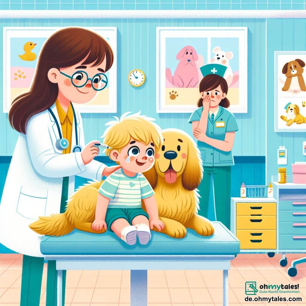 Une illustration sous forme de dessin destinée aux enfants représentant un hôpital coloré et accueillant, avec des murs peints en bleu pastel et des décorations de dessins d'animaux, où une femme médecin souriante aux cheveux bruns et aux lunettes rondes examine avec douceur un petit garçon aux yeux brillants et aux cheveux blonds, qui a un léger sourire malgré son œil qui pleure, tandis qu'une infirmière aux cheveux châtains et en uniforme regarde avec inquiétude un grand chien aux poils dorés, allongé sur une table d'examen, le tout dans une ambiance chaleureuse et réconfortante, illustrant l'entraide et le soin apporté aux patients.