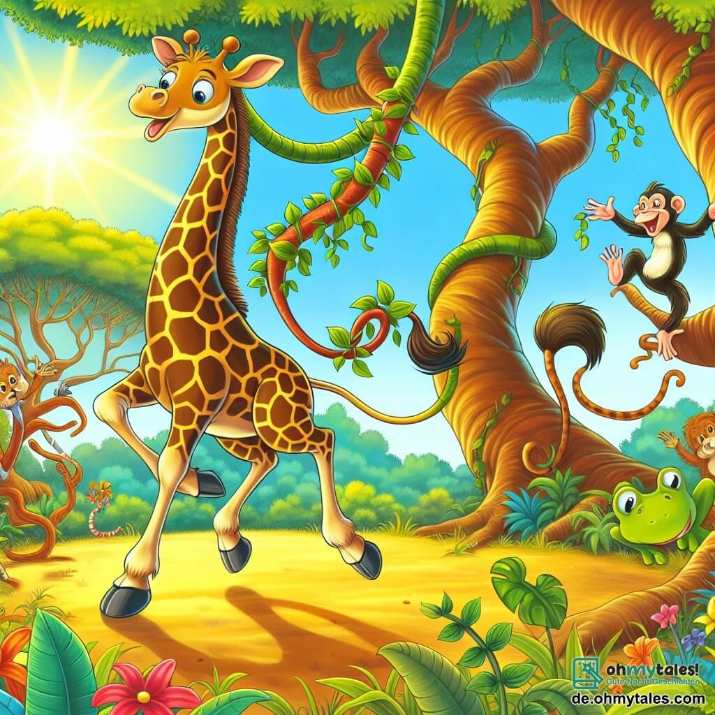 Eine Illustration zeigt eine lebendige Szene in einer sonnigen Lichtung des Dschungels, umgeben von großen Bäumen mit dicken Stämmen und bunten Lianen, die von den Ästen hängen. In der Mitte steht eine stolze Giraffe mit einem langen Hals und einem gefleckten Fell in goldenen und braunen Nuancen, deren neugieriger Blick den Horizont absucht. Sie springt anmutig von einer Liane zur anderen, ihre langen Beine dehnen sich elegant. Um sie herum ermutigen mehrere Dschungeltiere sie: Ein kleiner Tamarin mit funkelnden Augen, braunem Fell und einem langen, beweglichen Schwanz schwingt fröhlich auf einem Ast, während ein quirliger grüner Frosch mit runden, glänzenden Augen begeistert applaudiert. Die Hauptsituation zeigt die Giraffe in voller Aktion, wie sie in einem spielerischen Tanz durch die Lianen die Schwerkraft herausfordert, während die anderen Tiere sie bewundernd und aufgeregt beobachten. Bunte Blumen bedecken den Boden, und ein strahlend blauer Himmel verleiht dieser lebhaften Szene, die von Lachen und Freundschaft erfüllt ist, einen Hauch von Freude.