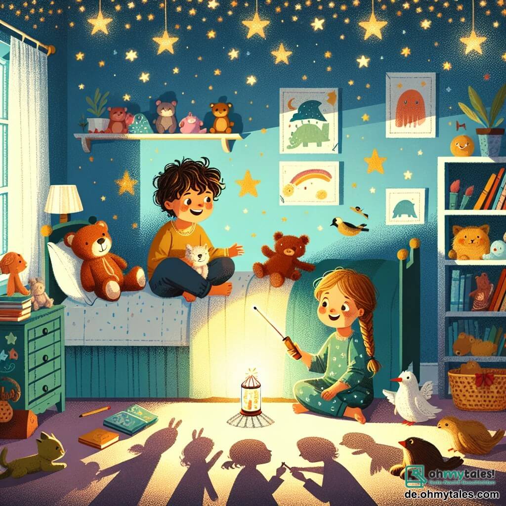 Illustration eines warmen und einladenden Kinderzimmers mit hellblauen Wänden und goldenen, funkelnden Sternen an der Decke. Im Mittelpunkt des Raumes steht ein gemütliches Bett, das mit einer bunten Bettdecke bedeckt ist, umgeben von Plüschtieren und verstreuten Büchern. In der Szene sitzt ein neunjähriger Junge mit braunen, lockigen Haaren auf seinem Bett und hält eine kleine Taschenlampe, die sein lächelndes Gesicht beleuchtet. Neben ihm schaut ein achtjähriges Mädchen mit langen, geflochtenen blonden Haaren neugierig umher und hält ein hübsches Glas mit Sternenmuster, in dem eine brennende Kerze sanftes Licht wirft. Die Hauptsituation zeigt die beiden Kinder, die in ihrem Zimmer versammelt sind, die Magie der Nacht erkunden, während sie lachen und mit den Schatten spielen, die ihr Licht erzeugt. Tier-Silhouetten tanzen an den Wänden, während eine Atmosphäre von Kameradschaft und Mut die Angst vor der Dunkelheit ersetzt. Bunte Spielzeuge und weiche Kissen verleihen dieser nächtlichen Szene eine fröhliche Note.