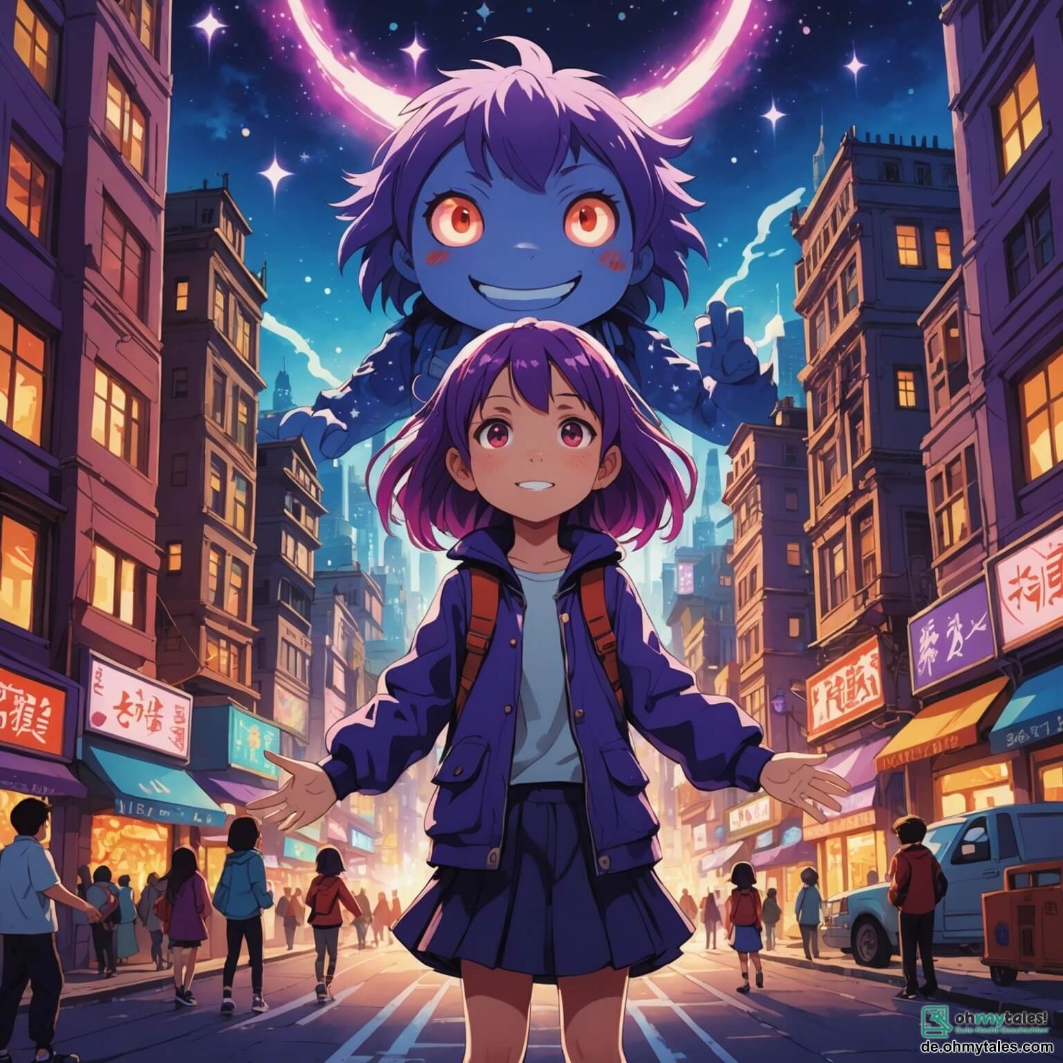 Une illustration destinée aux enfants représentant une jeune fille aux cheveux violets scintillants comme des étoiles, dotée d'une lumière éclatante émanant de ses mains, se tenant courageusement au centre d'une ville colorée et animée, où les bâtiments sont peints de mille couleurs vives et où les rires des enfants résonnent dans l'air, alors qu'elle fait face à un immense monstre d'ombre aux yeux rouges brillants, prêt à plonger la ville dans la nuit, tandis que ses deux meilleurs amis, un garçon au sourire éclatant et une fille aux boucles dorées, l'encouragent avec détermination, entourés de citoyens inquiets mais pleins d'espoir, tous réunis dans ce lieu magique où le soleil brille et les rêves prennent vie.