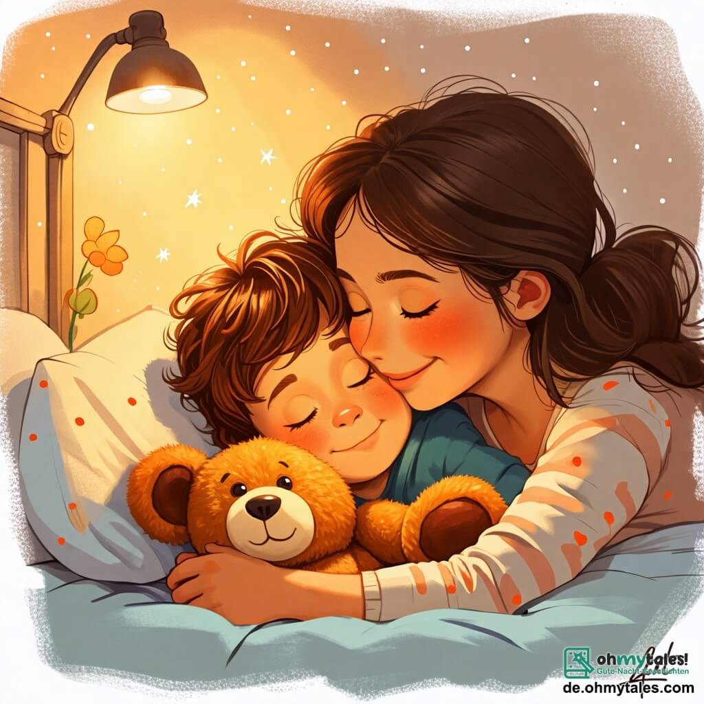 Une illustration sous forme de dessin destinée aux enfants représentant une chambre douillette et légèrement éclairée par un doux nuit lumineux, où un petit garçon de 2 ans, avec des cheveux bruns en désordre et des yeux curieux, est allongé dans son lit, serrant son teddy bear en peluche contre lui, tandis que sa maman, une femme douce aux cheveux châtains, se penche vers lui avec un sourire rassurant, créant une atmosphère chaleureuse et apaisante, alors qu'ils surmontent ensemble la peur de l'obscurité.