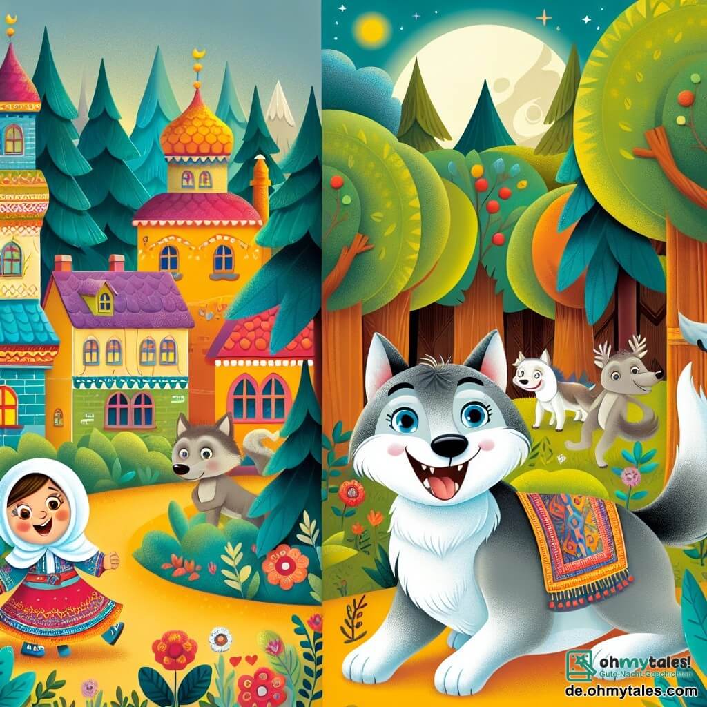 Une illustration destinée aux enfants représentant un loup joyeux et farceur, une petite fille curieuse, et un charmant village coloré entouré d'un bois enchanté.