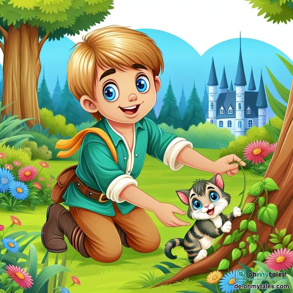 Une illustration destinée aux enfants représentant un petit garçon aux yeux bleus et au large sourire, faisant preuve de courage en aidant une petite chatte coincée dans un arbre, avec en arrière-plan un pittoresque parc verdoyant aux arbres majestueux et aux fleurs colorées en plein épanouissement.