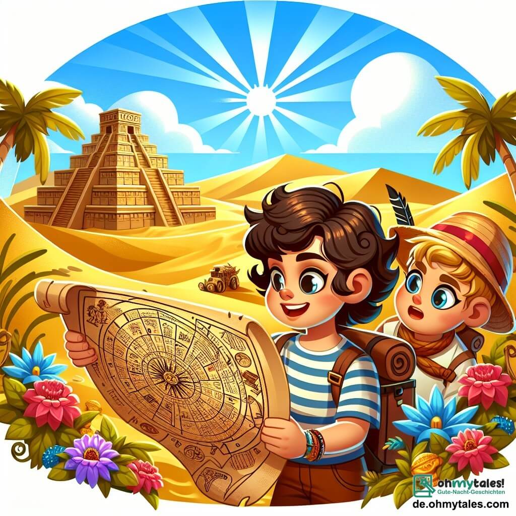 Une illustration sous forme de dessin destinée aux enfants représentant un vaste désert doré sous un ciel bleu éclatant, avec une jeune fille aux cheveux bruns bouclés, portant un chapeau de paille et un sac à dos, qui examine une ancienne carte avec émerveillement, tandis qu'à ses côtés, un garçon aux cheveux blonds et aux yeux pétillants, vêtu d'un t-shirt à rayures, observe attentivement les dunes de sable environnantes, alors qu'ils se préparent à entrer dans un mystérieux temple caché, entouré de palmiers et de fleurs colorées, symbolisant leur quête d'aventure et de découverte.