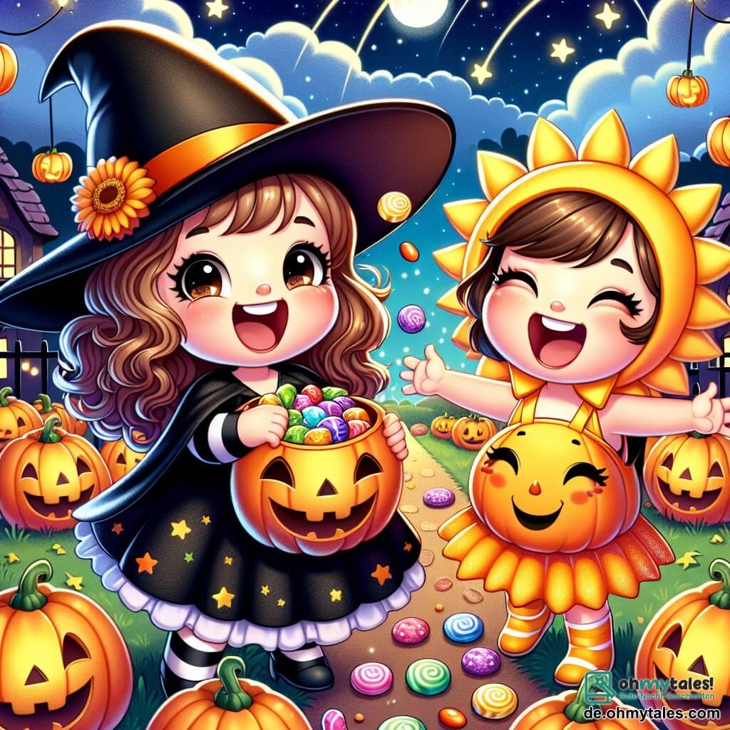 Une illustration sous forme de dessin destinée aux enfants représentant un parc d'Halloween illuminé par des lanternes en forme de citrouilles, où une petite fille de 5 ans, avec des cheveux bruns en boucles et un costume de sorcière noir avec un chapeau pointu, sourit joyeusement en ramassant des bonbons colorés, tandis qu'à ses côtés, une autre petite fille de 5 ans, déguisée en soleil avec une robe jaune et des rayons dorés, l'encourage à continuer leur chasse aux friandises, le tout sous un ciel étoilé et une ambiance festive remplie de rires d'enfants.