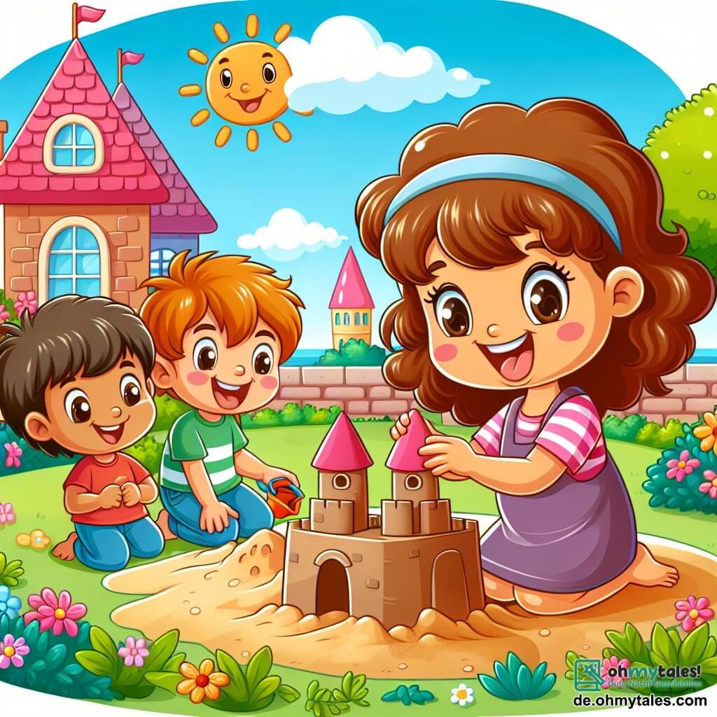 Une illustration sous forme de dessin destinée aux enfants représentant un jardin coloré dans un parc ensoleillé, avec une petite fille de 5 ans aux cheveux bruns bouclés et aux yeux pétillants, joyeusement en train de construire une grande sandcastle avec un garçon blond aux cheveux courts, qui est un nouvel ami, tandis qu'une autre petite fille aux cheveux châtains et lisses les observe en souriant, illustrant l'importance de l'amitié et de la tolérance entre des enfants de différentes origines.
