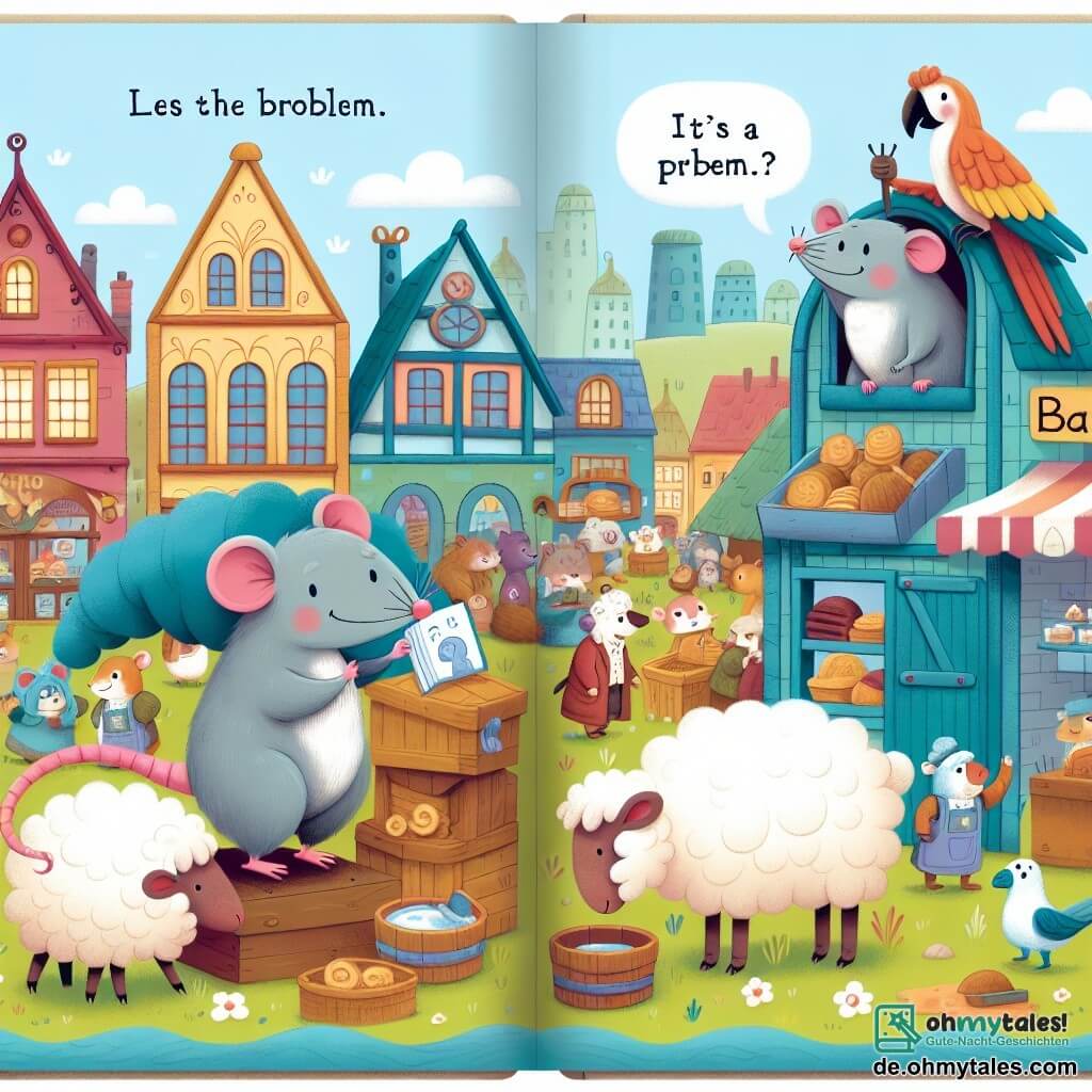 Une illustration destinée aux enfants représentant une charmante petite ratte malicieuse, vivant dans la ville animale de Rattopolis, qui résout un problème avec l'aide d'un papagei ingénieux, dans une boulangerie colorée tenue par une douce brebis.