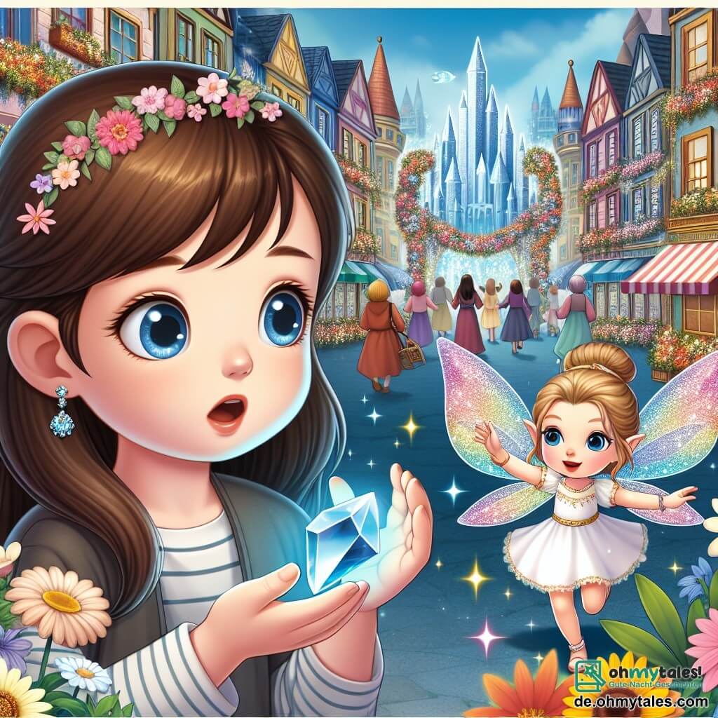 Une illustration destinée aux enfants représentant une fille aux cheveux bruns et aux yeux bleus, découvrant un cristal scintillant dans une ville animée, accompagnée d'une petite fée aux ailes chatoyantes, dans les rues colorées et fleuries de la cité magique de Sternenheim.
