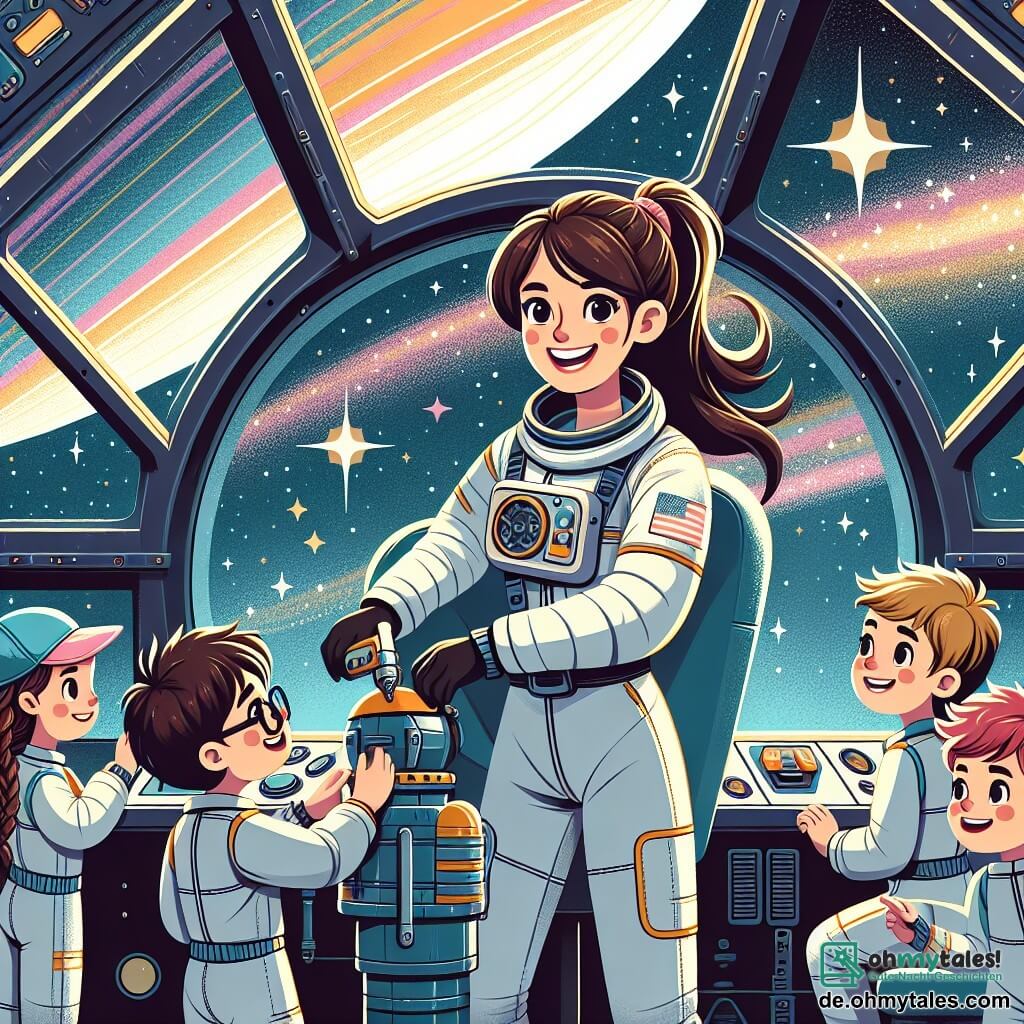 Une illustration sous forme de dessin destinée aux enfants représentant l'intérieur d'un grand vaisseau spatial coloré, avec de larges fenêtres offrant une vue sur des étoiles scintillantes et un grand, rond et lumineux, où une pilote courageuse, une femme aux cheveux bruns attachés en queue de cheval, souriante et vêtue d'une combinaison spatiale brillante, aide un groupe de quatre enfants : un garçon aux lunettes et à la casquette bleue, une fille aux cheveux blonds en tresses, un garçon aux cheveux roux et une fille aux cheveux frisés, tous excités et curieux, alors qu'ils réparent un petit vaisseau spatial endommagé, symbolisant l'esprit d'équipe et l'aventure dans l'immensité de l'espace.