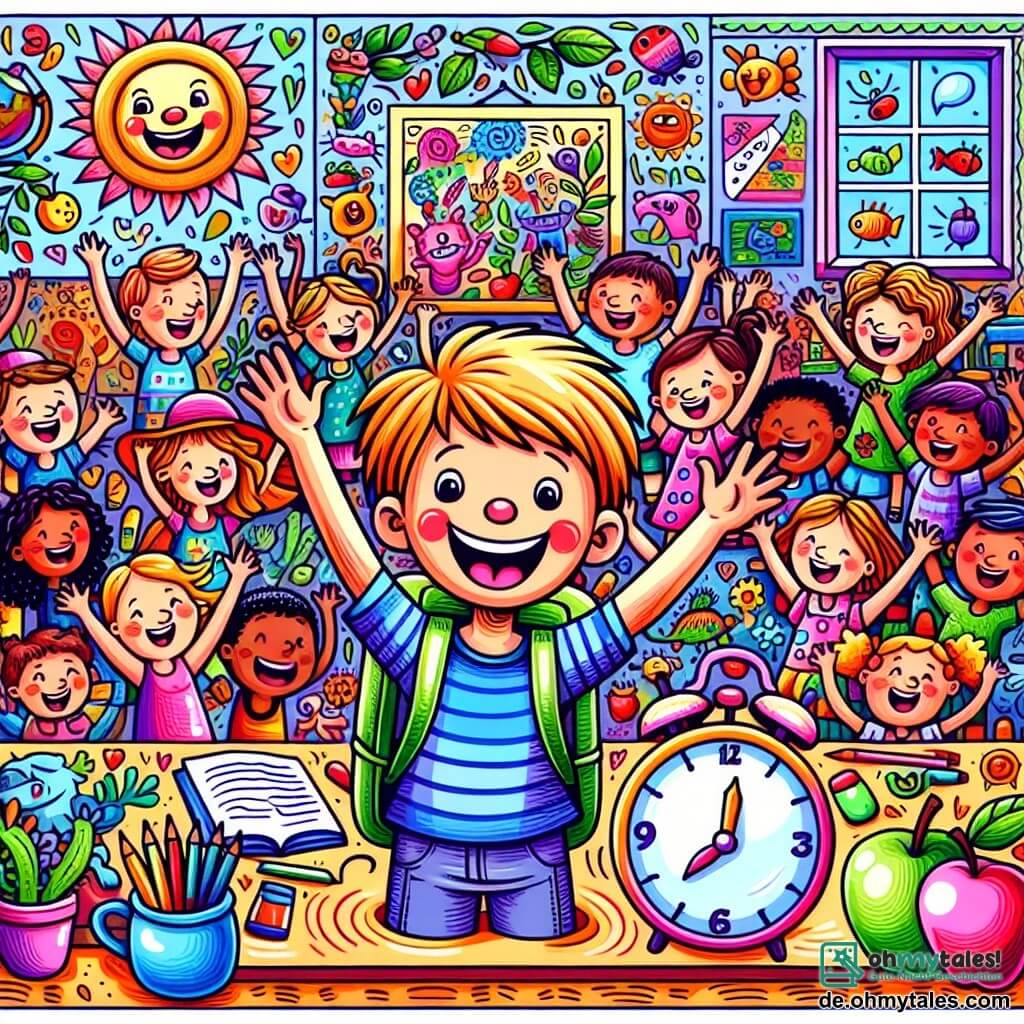 Une illustration destinée aux enfants représentant un petit garçon excité le dernier jour d'école, entouré de ses amis, dans une salle de classe colorée et joyeuse remplie de dessins d'animaux et de plantes.