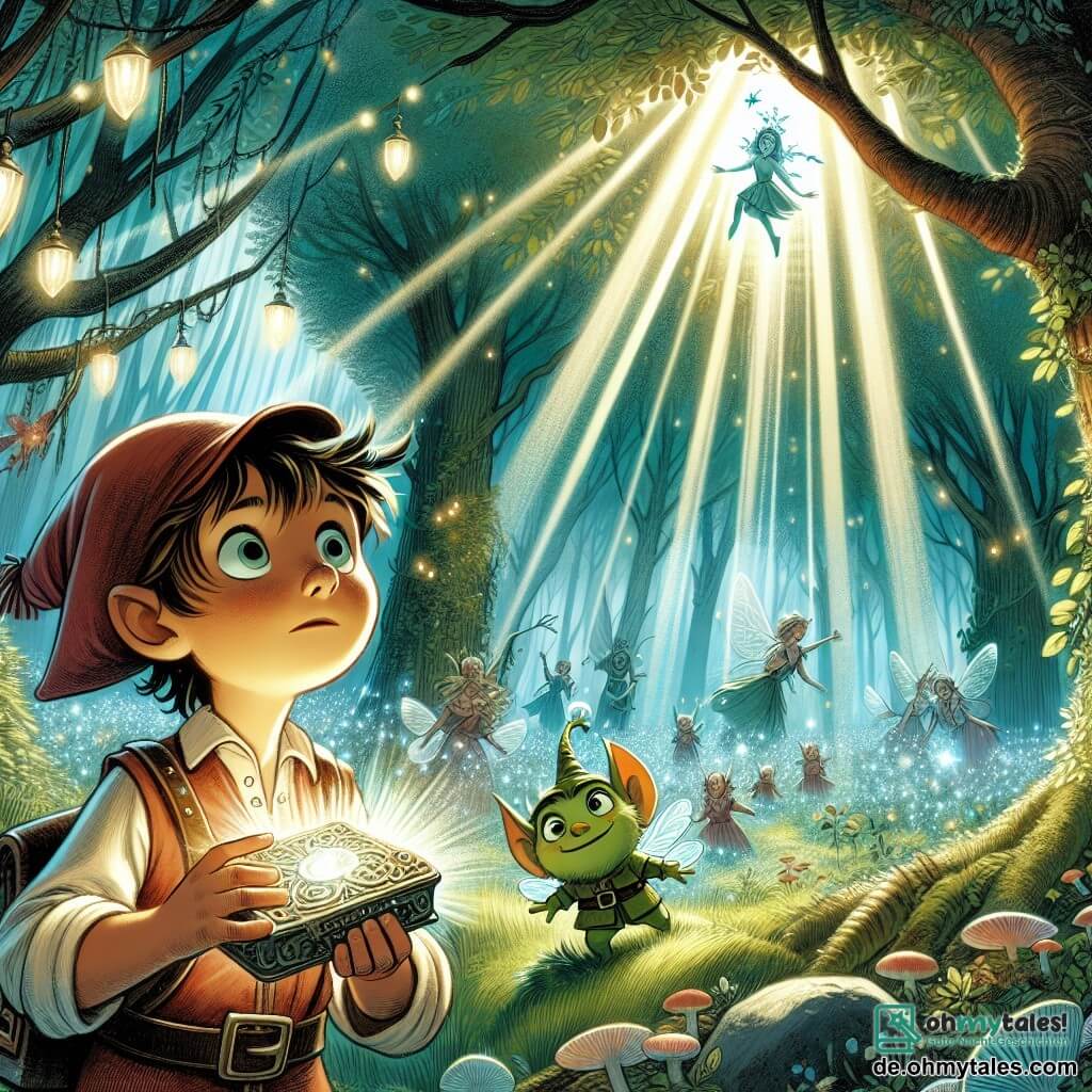 Une illustration destinée aux enfants représentant un jeune garçon intrépide découvrant un artefact magique avec l'aide d'un petit kobold vert, dans une clairière enchantée du Zauberwald, un endroit où les arbres brillent de mille feux et les fées dansent parmi les rayons de lumière.