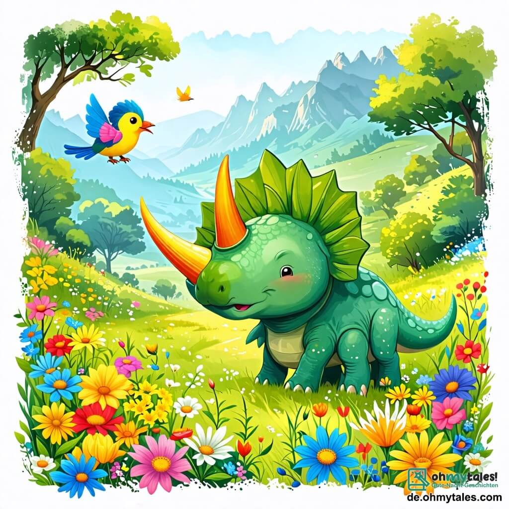 Une illustration sous forme de dessin destinée aux enfants représentant un vibrant paysage de vallée verdoyante, où un petit tricératops aux écailles vertes et aux trois cornes colorées s'amuse à explorer un champ de fleurs multicolores, tandis qu'un petit oiseau aux plumes bleues et jaunes vole joyeusement autour de lui, créant une atmosphère de joie et d'amitié alors qu'ils découvrent ensemble la beauté de la nature.
