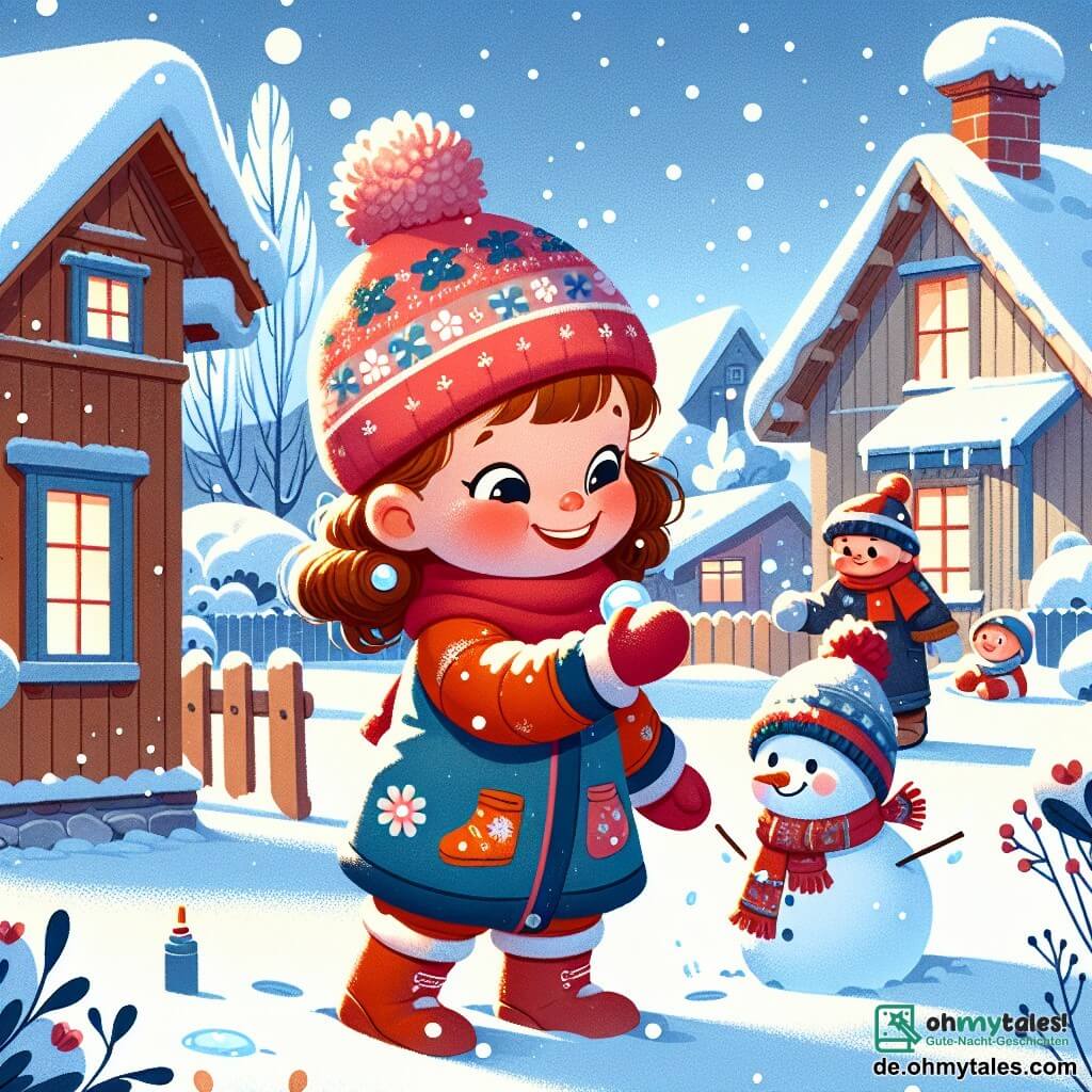 Une illustration sous forme de dessin destinée aux enfants représentant un jardin enneigé dans un petit village, où une fille de 3 ans aux cheveux bouclés et aux joues roses, vêtue d'une combinaison de neige colorée, rit en lançant des boules de neige, tandis qu'un garçon de 4 ans aux cheveux blonds et portant un bonnet rouge construit un bonhomme de neige à côté d'elle, le tout sous un ciel bleu clair parsemé de flocons de neige scintillants.