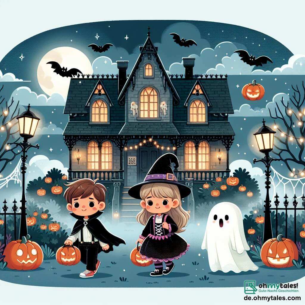 Une illustration destinée aux enfants représentant une petite fille déguisée en sorcière, accompagnée de ses amis, un garçon déguisé en vampire et une fille déguisée en fantôme, explorant un vieux manoir hanté par une gentille sorcière disparue, orné de citrouilles illuminées et de toiles d'araignée scintillantes, lors d'une nuit brumeuse d'Halloween.