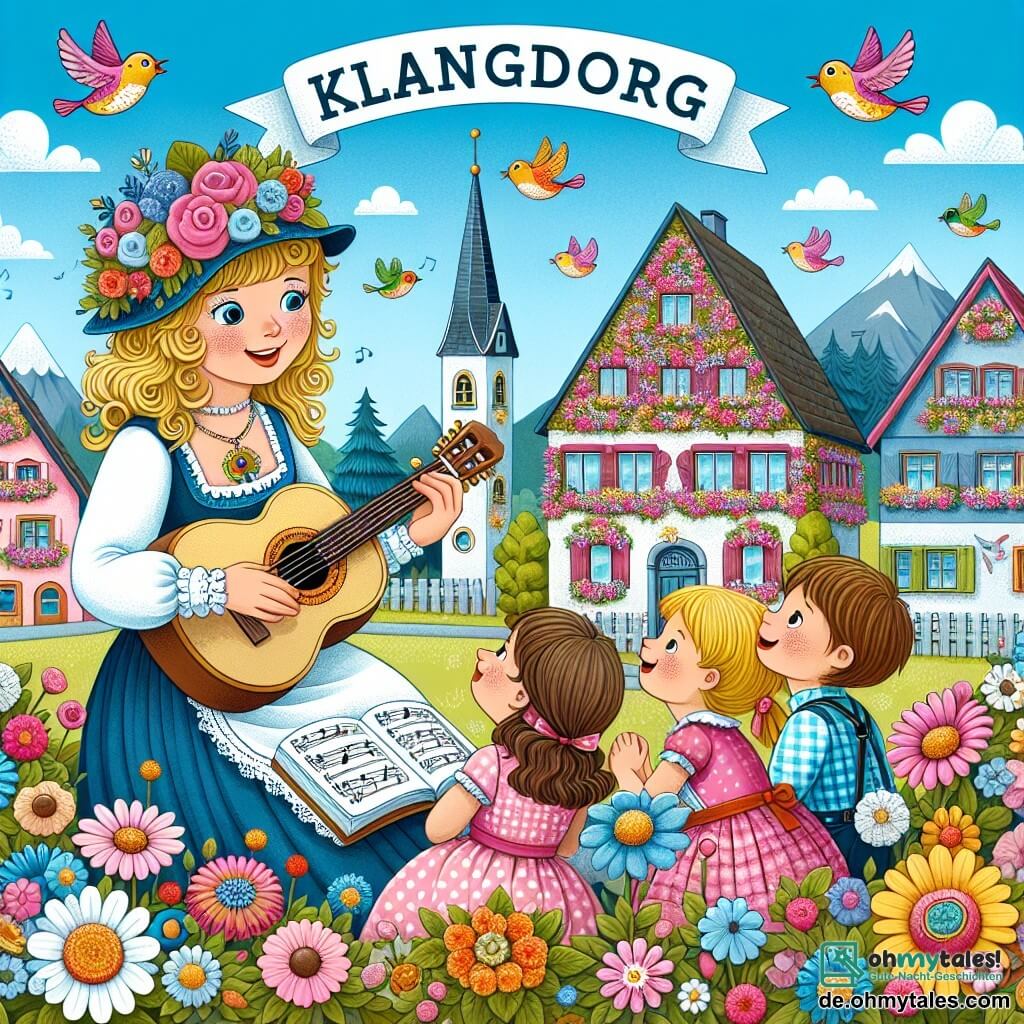 Une illustration destinée aux enfants représentant une talentueuse chanteuse et musicienne (femme) enseignant la musique à trois enfants curieux (deux filles et un garçon) dans un charmant village appelé Klangdorf, où les maisons colorées sont entourées de fleurs et les oiseaux volent joyeusement dans le ciel bleu.