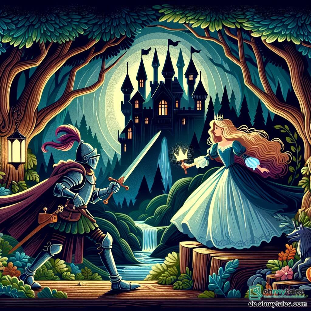 Une illustration destinée aux enfants représentant un courageux chevalier affrontant une sorcière pour sauver une princesse captive, dans le sombre et mystérieux royaume du château enchanté au cœur de la forêt magique.