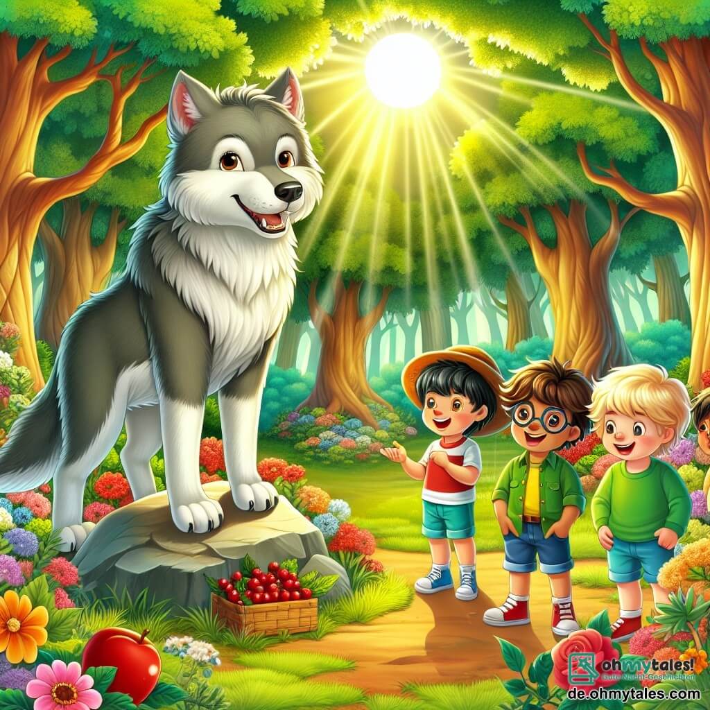 Illustration einer Szene auf einer sonnigen Lichtung im Herzen eines magischen Waldes. Die hohen, majestätischen Bäume haben leuchtend grüne Blätter, und bunte Blumen bedecken den Boden und bilden einen Teppich aus lebhaften Farben. In der Mitte der Lichtung steht ein großer Wolf mit grauem Fell und sanften Augen auf einem Felsen, mit einem freundlichen Ausdruck und einem leichten Lächeln. An seiner Seite vier Kinder: ein etwa 8-jähriger Junge mit zerzausten braunen Haaren, der ein rotes T-Shirt und eine blaue Shorts trägt und den Wolf neugierig ansieht; ein 9-jähriger Junge mit blonden Haaren, der eine Brille trägt und einen grünen Pullover anhat, lächelt und eine kleine Schachtel mit Beeren hält; ein fröhlicher 7-jähriger Junge mit braunen Haaren und einem Strohhut, der lacht und seinem Freund eine Beere zeigt; und schließlich ein 10-jähriger Junge im Rollstuhl mit schwarzen Haaren und einem strahlenden Lächeln, der begeistert applaudiert. Die Hauptsituation zeigt die Kinder und den Wolf, die einen Moment der Freude teilen, umgeben von der Schönheit der Natur, und verdeutlicht die Idee von Freundschaft und Verständnis über äußere Erscheinungen hinweg. Bunte Vögel fliegen am blauen Himmel, und Schmetterlinge tanzen um sie herum und verleihen dieser warmen Szene einen Hauch von Magie.