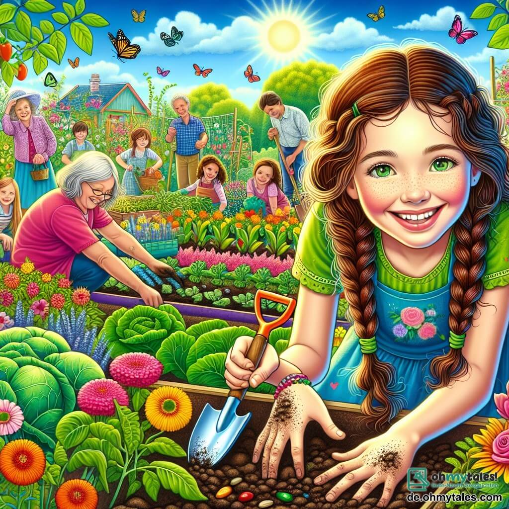 Eine Illustration zeigt einen lebendigen Gemeinschaftsgarten mit Reihen von grünen Gemüse und leuchtenden Blumen unter einem sonnigen blauen Himmel. Im Zentrum hockt ein 11-jähriges Mädchen mit langen, lockigen braunen Haaren und funkelnden grünen Augen, lächelt fröhlich und pflanzt Samen in die Erde. Neben ihr steht ein weiteres 11-jähriges Mädchen mit geflochtenen blonden Haaren und einer Brille, das eine kleine Schaufel hält und begeistert ihre gemeinsame Arbeit beobachtet. Im Hintergrund sind Erwachsene und andere Kinder, alle lächelnd, mit Gartenarbeiten beschäftigt, was eine Atmosphäre von Kameradschaft und Freude schafft. Vögel singen in den Bäumen und bunte Schmetterlinge fliegen um die Blumen und verleihen dieser Sommersonne eine magische Note.