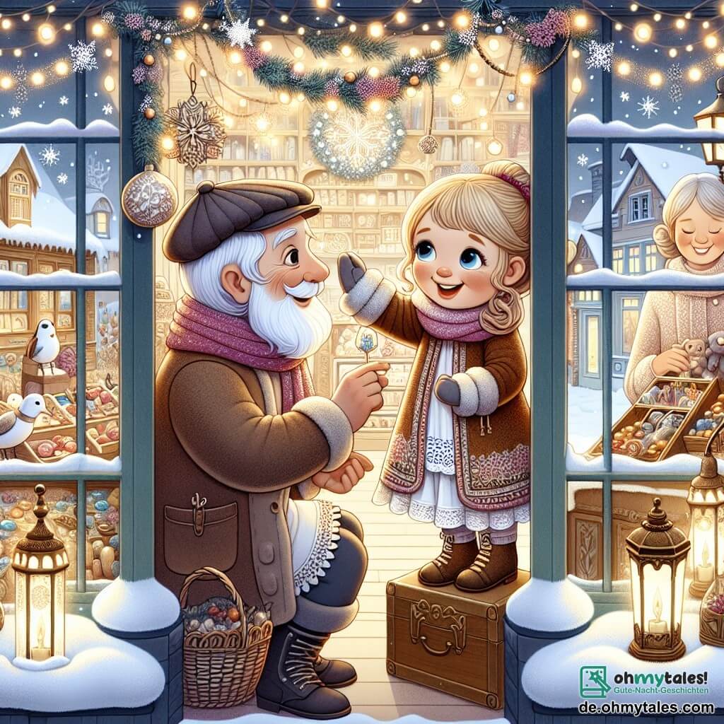 Une illustration destinée aux enfants représentant une fille curieuse et pleine de vie, aidant un vieil homme souriant à l'intérieur d'un charmant magasin d'antiquités décoré de guirlandes lumineuses et entouré de flocons de neige scintillants, dans une petite ville transformée en un véritable paysage hivernal féérique pour Noël.