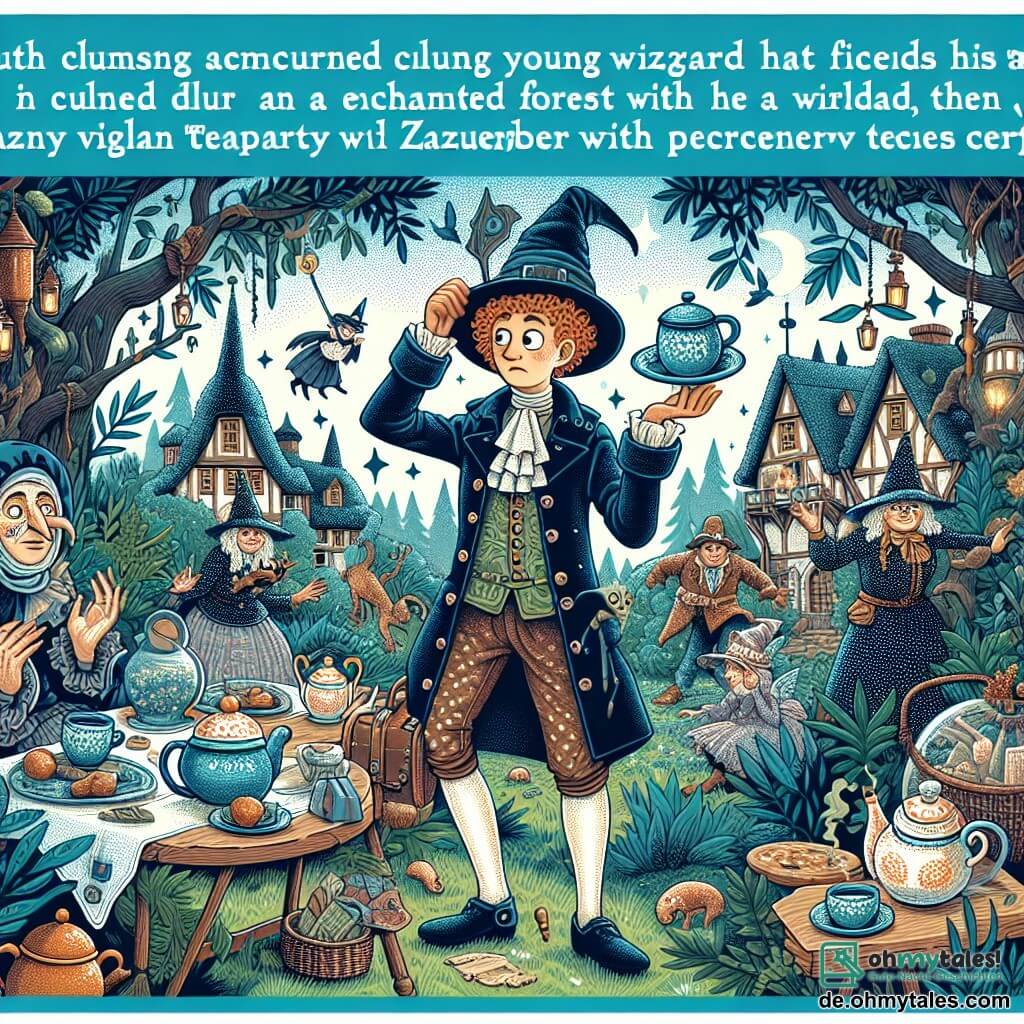 Une illustration destinée aux enfants représentant un jeune sorcier maladroit se retrouvant dans une forêt enchantée lors d'une teaparty loufoque avec des sorcières excentriques, dans un village magique appelé Zauberberg.