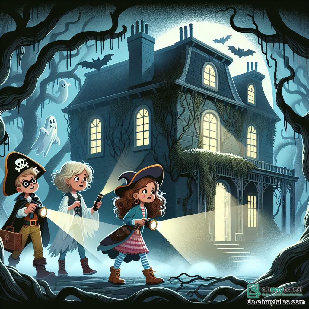 Une illustration sous forme de dessin destinée aux enfants représentant une vieille villa hantée, entourée de brouillard et de arbres tordus, avec une fille de 11 ans aux cheveux bruns bouclés, vêtue d'un costume de pirate, tenant une lampe de poche et regardant avec curiosité vers une porte entrouverte, tandis que deux de ses amis, un garçon aux cheveux blonds en costume de fantôme et une fille en robe de sorcière avec un chapeau pointu, se tiennent derrière elle, tous trois prêts à explorer l'intérieur mystérieux de la maison, où des ombres dansent et un léger vent fait frémir les feuilles.
