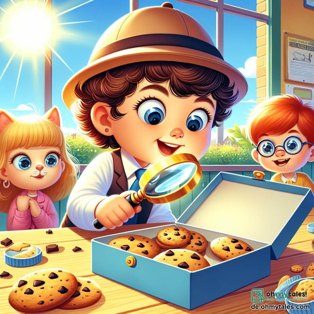 Une illustration sous forme de dessin destinée aux enfants représentant une scène colorée dans une école ensoleillée, où une fille de 7 ans aux cheveux bruns et bouclés, portant une loupe et un chapeau de détective, examine attentivement une boîte de biscuits vide, tandis que deux amis, un garçon aux cheveux blonds et une fille aux cheveux roux, l'observent avec des expressions curieuses, entourés de chats aux yeux pétillants qui semblent attendre des friandises, capturant l'esprit d'une enquête amusante sur des biscuits disparus.