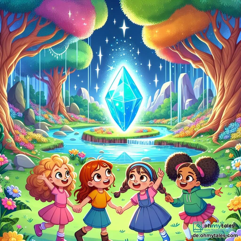Eine Illustration zeigt eine magische Szene in einem fantastischen Park, wo riesige, farbenfrohe Bäume gen Himmel wachsen, deren Blätter wie Sterne funkeln. In der Mitte schwebt ein großer, leuchtender blauer Kristall über einem sanften, glitzernden Bach, umgeben von bunten Blumen, die im Takt einer unsichtbaren Musik zu tanzen scheinen. Vier etwa siebenjährige Mädchen halten sich an den Händen, ihre Gesichter strahlen vor Freude und Staunen. Eines von ihnen, mit lockigem braunem Haar, trägt ein rosa Kleid und lächelt, während sie auf den Kristall zeigt. Eine andere, mit geflochtenem blonden Haar, trägt ein gelbes T-Shirt und schaut mit weit aufgerissenen Augen auf den Kristall. Die dritte, mit glattem schwarzem Haar, trägt einen blauen Rock und springt vor Freude, während die letzte, mit roten Zöpfen, einen grünen Kapuzenpullover trägt und lachend die Arme hebt. Die Hauptsituation zeigt die Mädchen, die den magischen Kristall entdecken, Symbol ihrer Freundschaft und Abenteuer. Im Hintergrund fügen fantastische Kreaturen wie bunte Vögel und glitzernde Katzen der Szene einen Hauch von Magie hinzu, während Lichtstrahlen vom Kristall ausgehen und das erstaunte Gesicht der jungen Abenteurerinnen erleuchten.