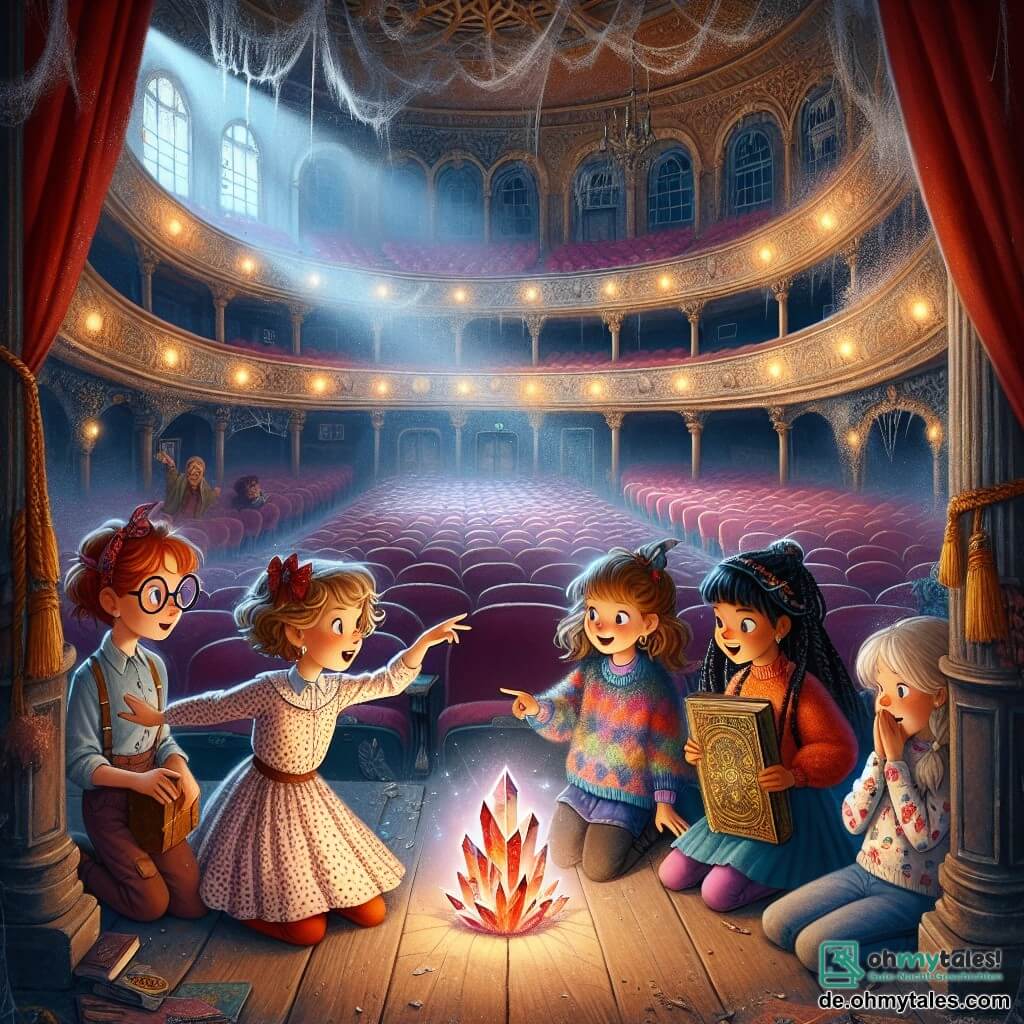 Illustration einer magischen Szene in einem alten, verlassenen Theater. Der Ort ist voller Staub und Spinnweben, mit verblassten roten Samtsitzen und einer rissigen Holzfläche, beleuchtet von einem sanften Licht, das von einem wunderschönen, bunten Kristall ausgeht, der in der Mitte der Bühne funkelt. Vier junge Mädchen, etwa zehn Jahre alt, stehen im Vordergrund. Eines von ihnen, mit braunen Haaren und runden Brillen, trägt ein gepunktetes Kleid und schaut den Kristall mit Staunen an. Eine andere, mit lockigen blonden Haaren, trägt einen bunten Pullover und hält ein aufgeschlagenes altes Buch, bereit, einen Zauber zu lesen. Die dritte, mit geflochtenen schwarzen Haaren, trägt eine Jeansweste und hat einen entschlossenen Blick, während sie auf den Kristall zeigt. Die letzte, mit roten Haaren im Pferdeschwanz, trägt einen Blumenrock und lächelt fröhlich mit erhobenen Armen als Zeichen des Sieges. Die Hauptsituation zeigt die Mädchen, die den magischen Kristall entdecken, umgeben von einer Atmosphäre von Geheimnis und Abenteuer. Musiknoten schweben in der Luft, und sanfte Schatten fantastischer Kreaturen tanzen um sie herum, was der Szene einen Hauch von Magie verleiht. Elemente wie funkelnde Sterne und farbige Lichtblitze strahlen vom Kristall aus und schaffen eine zauberhafte und fesselnde Stimmung.
