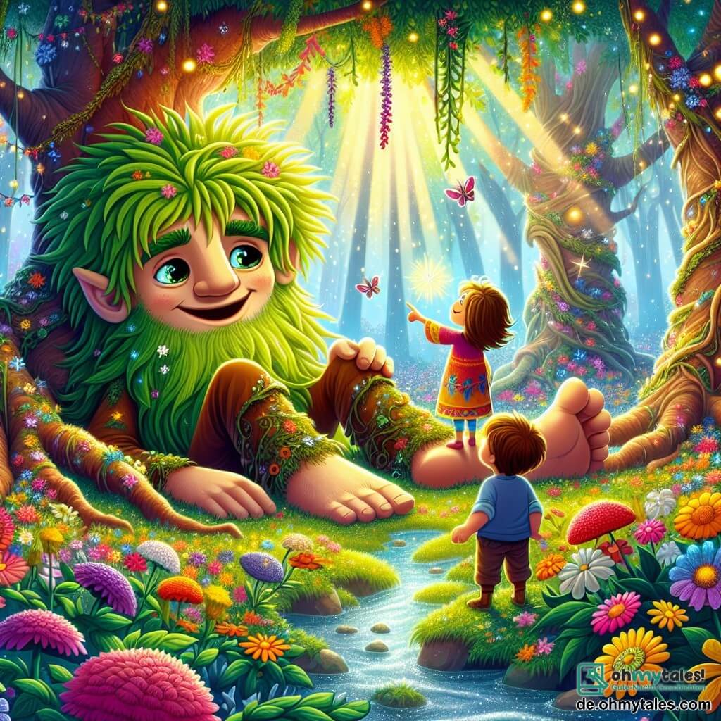 Illustration eines magischen Gartens, gefüllt mit leuchtenden Blumen in kräftigen Farben, großen Bäumen mit goldenen Stämmen und glitzernden Bächen. In der Mitte liegt ein wohlwollender Riese mit grasgrünen Haaren, leuchtenden Augen wie Sterne und einem breiten Lächeln auf dem Boden, seine Füße sind in Baumwurzeln verheddert. Neben ihm beobachtet ein etwa 10-jähriger Junge mit zerzausten Haaren und funkelnden Augen staunend, während ein gleichaltriges Mädchen in einem bunten Kleid auf einen schimmernden Kristall zeigt, der über ihnen schwebt. Die Szene strahlt eine Atmosphäre von Magie und Freundschaft aus, mit tanzenden Schmetterlingen und Sonnenstrahlen, die durch die Äste filtern und den verzauberten Garten erleuchten.