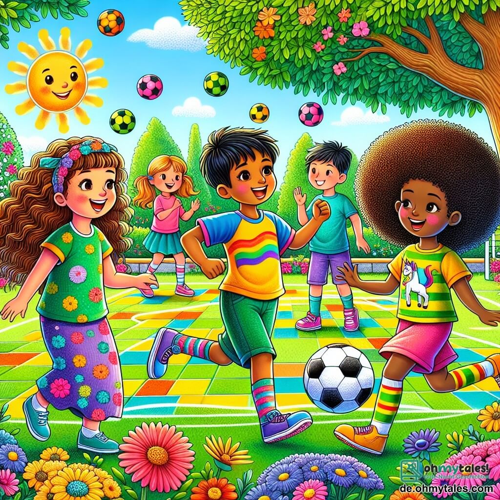 Illustration einer lebhaften und sonnigen Szene auf einem belebten Schulhof. Der Boden ist mit bunten Platten bedeckt, umgeben von Grün und leuchtenden Blumen. Im Hintergrund bietet ein großer Baum Schatten, während Kinder auf einem Rasenfußball spielen. Im Vordergrund lächelt ein etwa 10-jähriges Mädchen mit langen, lockigen braunen Haaren fröhlich, während es einen Fußball dribbelt. Neben ihr applaudiert ein weiteres 10-jähriges Mädchen mit kurzen blonden Haaren und einem T-Shirt mit Einhorn-Motiv begeistert. Ein etwa 10-jähriger Junge mit dunkler Haut und krausem Haar bereitet sich konzentriert auf einen Schuss aufs Tor vor. Die Hauptsituation zeigt diese drei Kinder, vereint durch ihre Leidenschaft für Fußball, und verdeutlicht einen Moment der Kameradschaft und Toleranz. Im Hintergrund spielen andere Kinder unterschiedlicher ethnischer Herkunft zusammen, was die Idee von Freundschaft und Vielfalt stärkt. Bunte Luftballons und Lachen schweben in der Luft und schaffen eine fröhliche und einladende Atmosphäre.