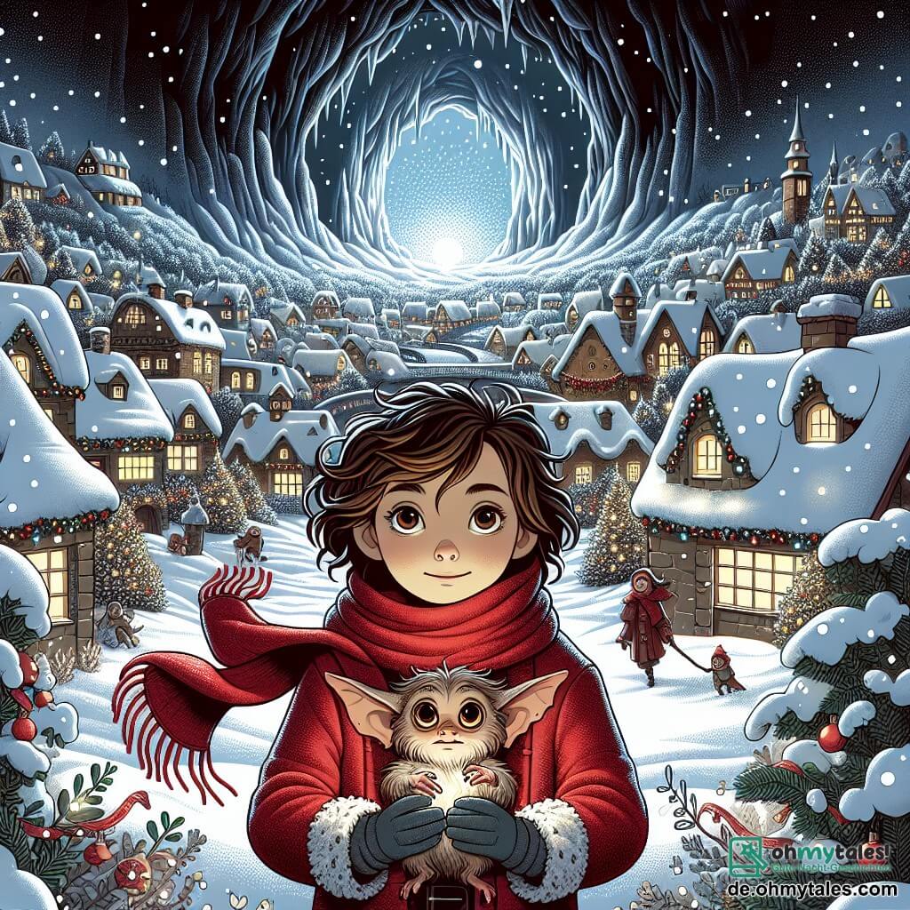 Une illustration sous forme de dessin destinée aux enfants représentant un village enneigé décoré pour Noël, avec des maisons aux toits recouverts de neige et des lumières scintillantes, au premier plan une fille de 11 ans aux cheveux bruns et bouclés, portant un manteau rouge et une écharpe, qui tient une petite créature magique ressemblant à un kobold avec de grands yeux tristes, tandis qu'elles se tiennent devant une grande grotte sombre, prêtes à affronter la sorcière de l'hiver pour sauver la magie de Noël, avec des flocons de neige tombant doucement autour d'elles.