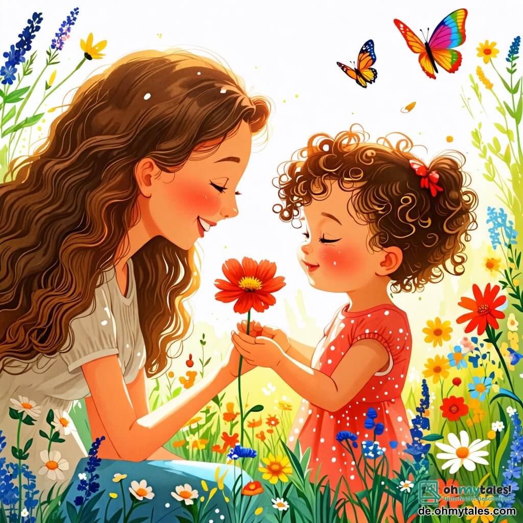 Une illustration sous forme de dessin destinée aux enfants représentant un jardin ensoleillé rempli de fleurs colorées, avec une petite fille de 2 ans aux cheveux bouclés et aux yeux pétillants, qui s'émerveille en tenant une fleur rouge dans ses mains, tandis que sa maman, une femme souriante aux cheveux longs et bruns, l'observe avec tendresse, et un joli papillon aux ailes multicolores vole autour d'eux, symbolisant la joie du printemps et l'émerveillement de la nature.