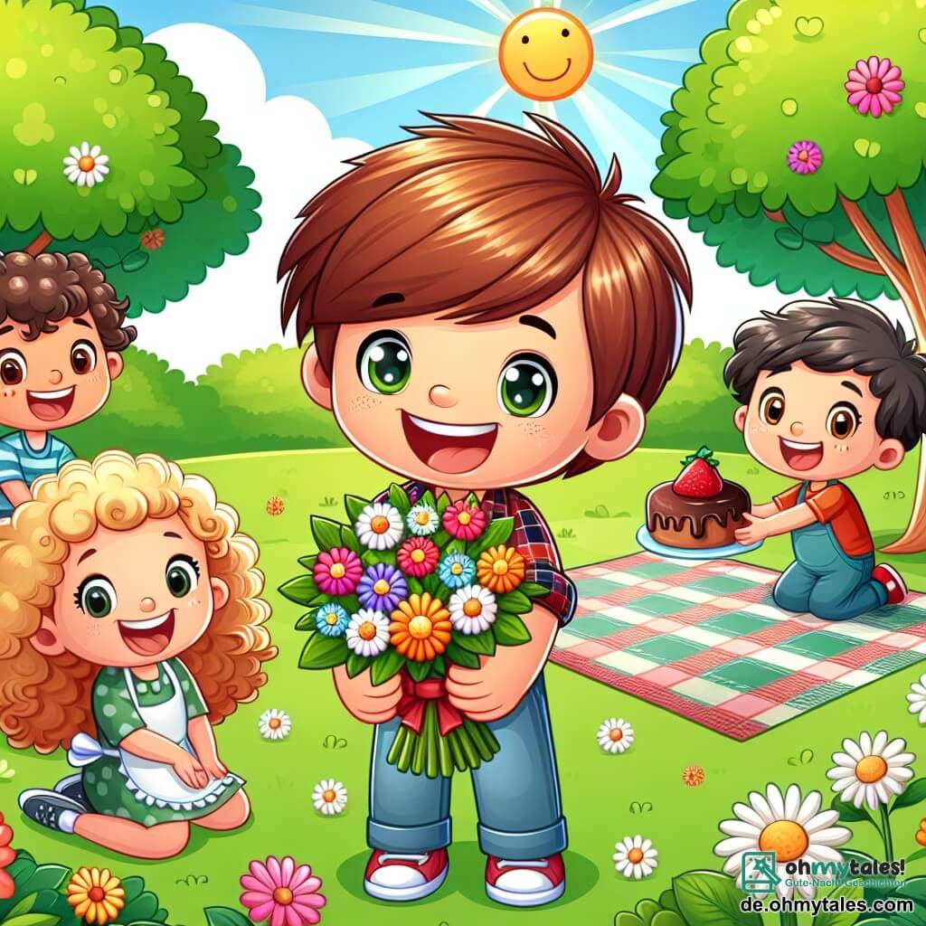Une illustration sous forme de dessin destinée aux enfants représentant un parc ensoleillé avec des arbres verdoyants et des fleurs colorées, où un garçon de 7 ans aux cheveux châtains et aux yeux pétillants, souriant et joyeux, tient un bouquet de fleurs dans ses mains, entouré de ses amis : une fille aux cheveux blonds et bouclés qui déploie un grand tissu de pique-nique, et un garçon aux cheveux bruns qui porte un tablier et tient un gâteau au chocolat, tous célébrant une surprise joyeuse pour la fête des mères.