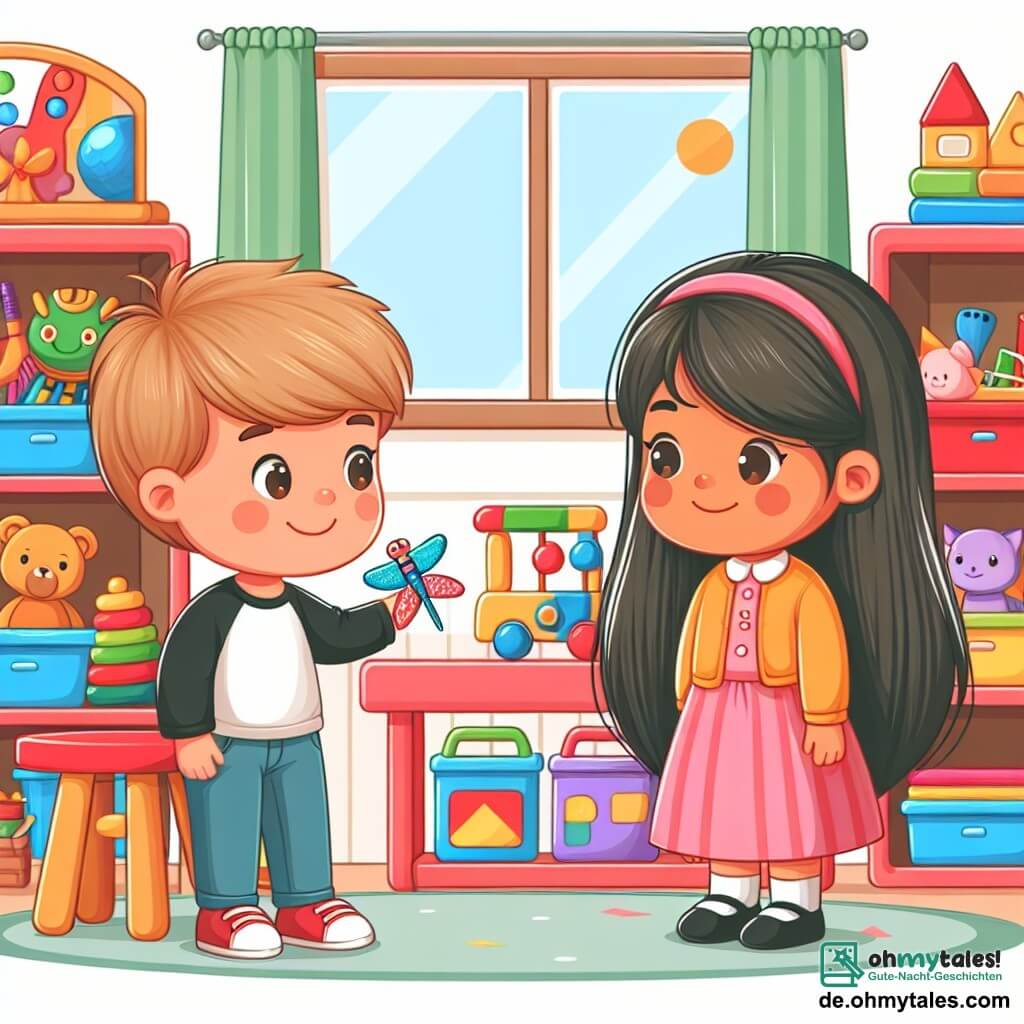Une illustration destinée aux enfants représentant un garçon curieux découvrant une nouvelle camarade de classe timide, venant d'un autre pays, dans une salle de classe lumineuse et colorée remplie de jouets et de livres.