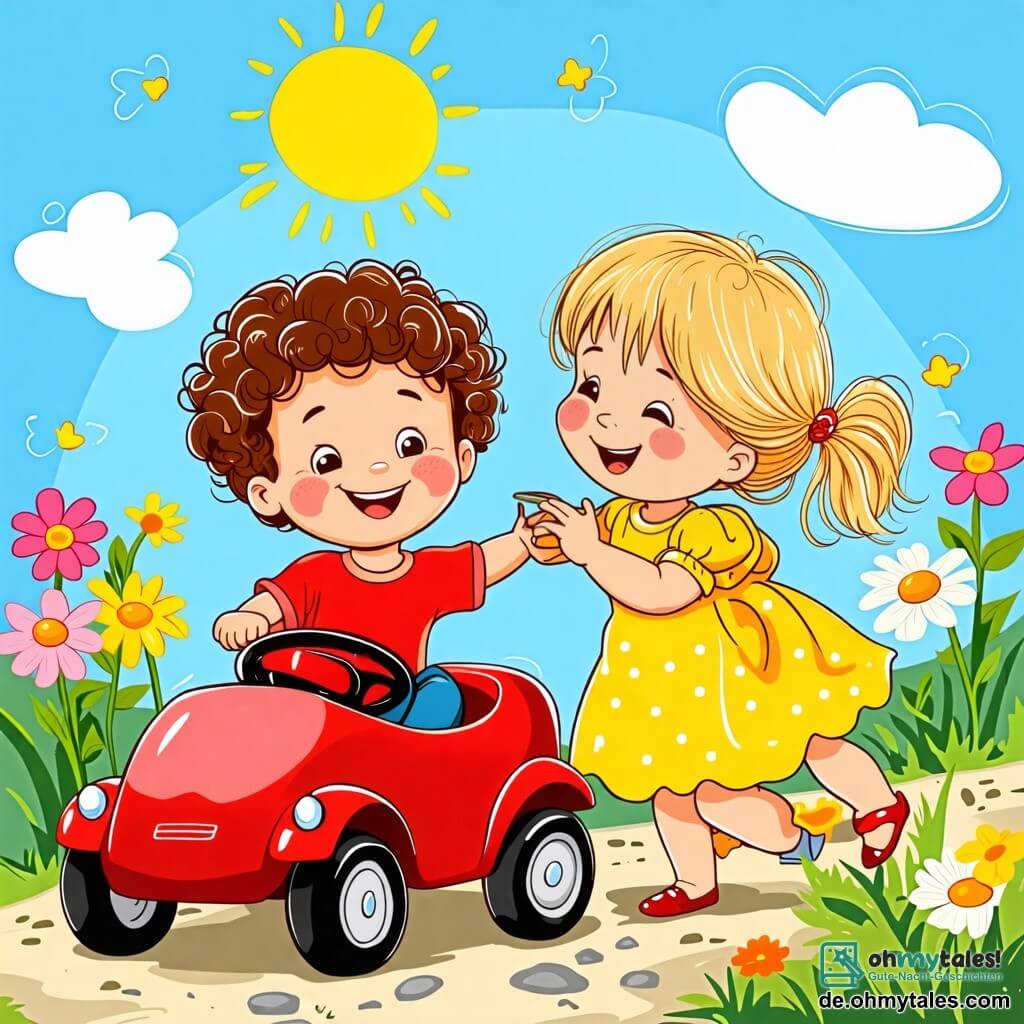 Une illustration sous forme de dessin destinée aux enfants représentant un jardin ensoleillé avec des fleurs colorées et un ciel bleu, où un petit garçon de 2 ans aux cheveux bruns et bouclés, souriant et vêtu d'un t-shirt rouge, est assis dans un petit jouet auto rouge, tandis qu'une petite fille de 2 ans aux cheveux blonds et lisses, portant une robe jaune, l'encourage à aller plus vite, capturant ainsi un moment joyeux d'amitié et de jeu.