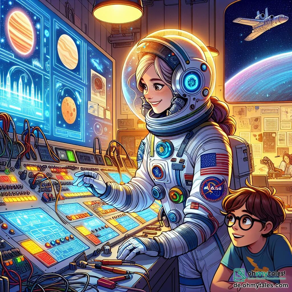 Illustration eines NASA-Labors, gefüllt mit leuchtenden Kontrollpaneelen und Bildschirmen, die Weltraumdaten anzeigen. Die Wände sind mit Postern von Planeten und Raumschiffen geschmückt, während ein großes Fenster den sternenklaren Himmel draußen zeigt. Im Zentrum des Bildes überprüft eine Astronautin mit einem glänzenden Helm und einem entschlossenen Lächeln technische Geräte. Sie trägt einen weißen Raumanzug mit farbigen Details und Missionsabzeichen. Ihre Haare sind zu einem Pferdeschwanz gebunden, und ihre Augen strahlen vor Aufregung und Konzentration. Neben ihr beobachtet ein etwa zehnjähriger Junge mit Brille und einer Kappe mit dem NASA-Logo bewundernd. Er hat zerzauste braune Haare und trägt ein T-Shirt mit Raketenmotiven. Er hält ein Werkzeug in den Händen, bereit zu helfen, und schaut die Frau mit staunenden Augen an. Die Hauptsituation zeigt die Astronautin und den Jungen, die zusammenarbeiten, um ein technisches Problem vor dem Start einer Mission zum Mars zu lösen. Kabel und Werkzeuge sind um sie herum verstreut, und eine Atmosphäre von Aufregung und Zusammenarbeit herrscht im Labor. Grafiken der Mission und Bilder des Mars im Hintergrund verleihen der Szene einen Hauch von Abenteuer.