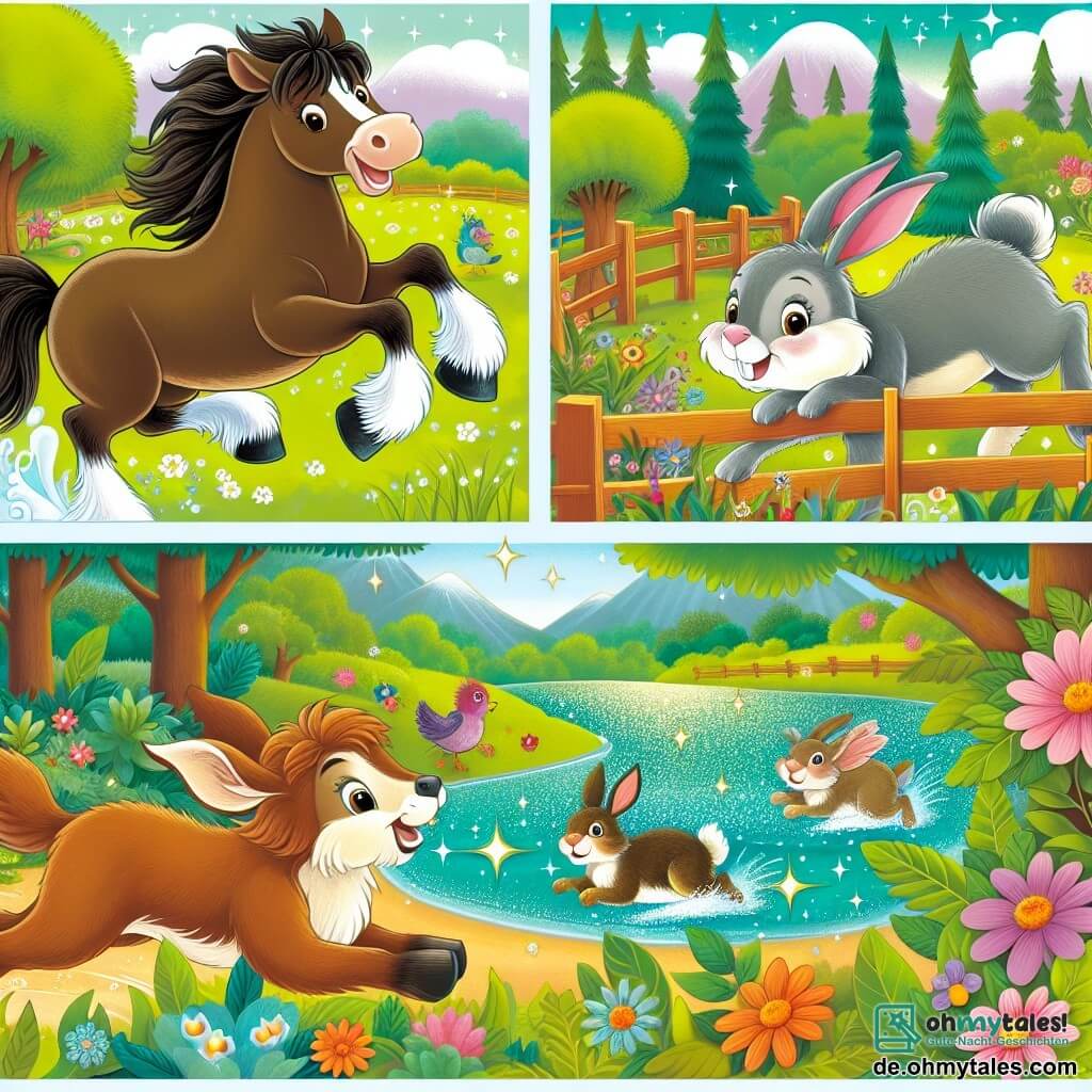 Une illustration destinée aux enfants représentant un joyeux cheval brun, une situation de course folle, un lapin malicieux, une mare scintillante entourée de fleurs colorées et d'arbres verdoyants.