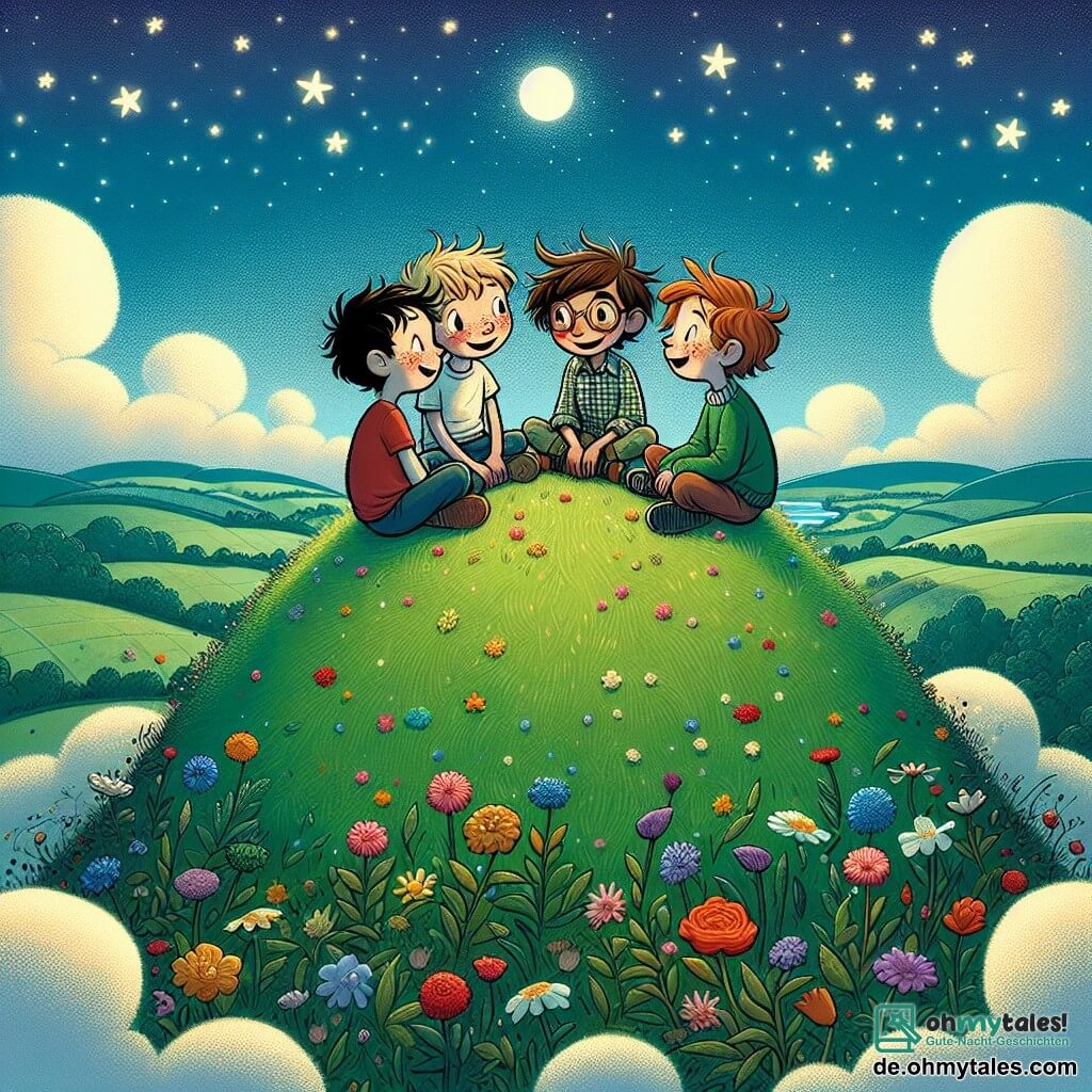 Illustration eines wunderschönen, grünen Hügelgipfels, wo das Gras leuchtend grün ist und mit bunten Blumen übersät ist, unter einem hellblauen Himmel mit einigen weißen, bauschigen Wolken. Auf dem Gipfel sitzen vier Jungen, etwa 10 Jahre alt, jeder mit eigenen Merkmalen: einer hat zerzauste braune Haare und trägt ein rotes T-Shirt, ein anderer hat blonde Haare und eine Brille, gekleidet in ein kariertes Hemd, der dritte hat schwarze Haare und ein schelmisches Lächeln, trägt einen blauen Pullover, und der letzte hat kastanienbraune Haare und Sommersprossen, trägt ein grünes T-Shirt. Sie sitzen im Kreis, blicken zum Sternenhimmel, der zu erscheinen beginnt, mit bewundernden und neugierigen Ausdrücken. Die Hauptszene zeigt die Jungen, die begeistert diskutieren, umgeben von dem Glanz der Sterne, die über ihnen funkeln, während eine sanfte Brise die Blumen um sie herum tanzen lässt. Im Hintergrund sieht man das friedliche Dorf und die sanften Hügel, die eine magische und kontemplative Atmosphäre schaffen. Strahlende Sterne und Lichtblitze verleihen der Illustration einen märchenhaften Touch, der die Träume und Fragen symbolisiert, die sie über das Universum haben.