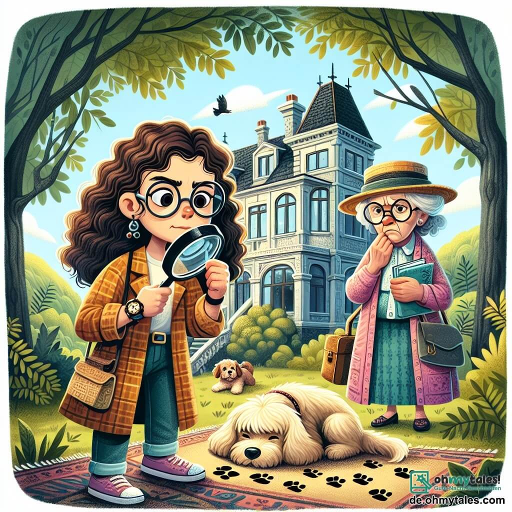 Une illustration sous forme de dessin destinée aux enfants représentant un vieux et mystérieux manoir dans une forêt verdoyante, avec une femme détective aux cheveux bruns et bouclés, portant une loupe dans une main et un carnet dans l'autre, examinant attentivement des traces de pattes dans la poussière, tandis qu'une femme âgée, avec des lunettes et un chapeau de paille, se tient à côté d'elle, inquiète mais pleine d'espoir, alors qu'un petit chien aux poils dorés, endormi sur un vieux tapis, est la clé de leur enquête pour retrouver le compagnon perdu.