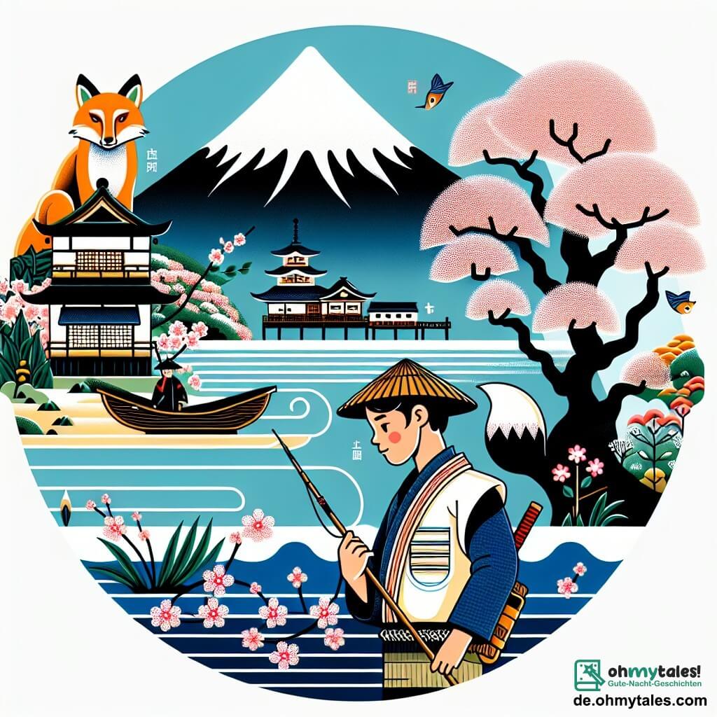 Une illustration destinée aux enfants représentant un jeune pêcheur solitaire, un renard magique, un village côtier pittoresque du Japon, et une montagne enneigée aux mille cerisiers en fleurs.