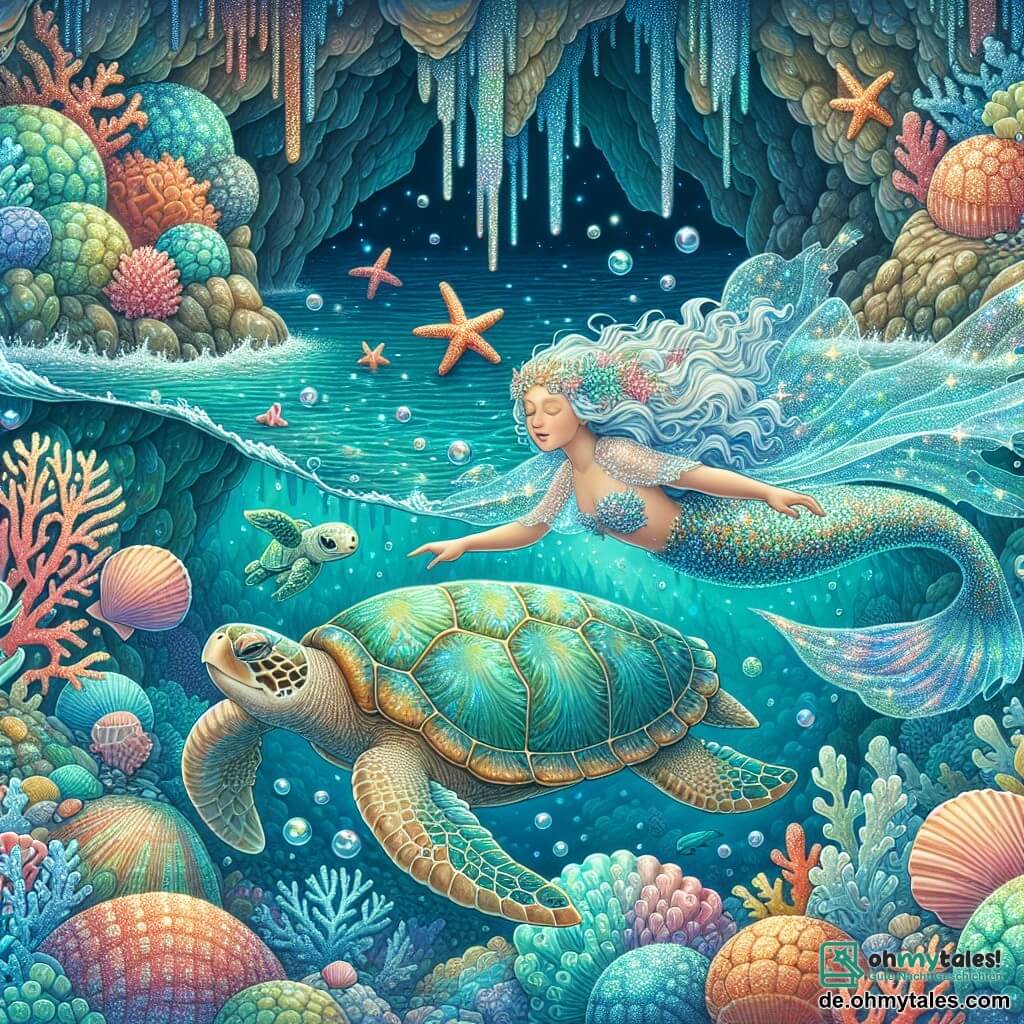 Une illustration destinée aux enfants représentant une sirène brillante et étincelante, une fillette courageuse, nageant aux côtés de sa fidèle tortue marine, dans les eaux turquoise d'une grotte sous-marine ornée de coraux colorés et de coquillages scintillants.