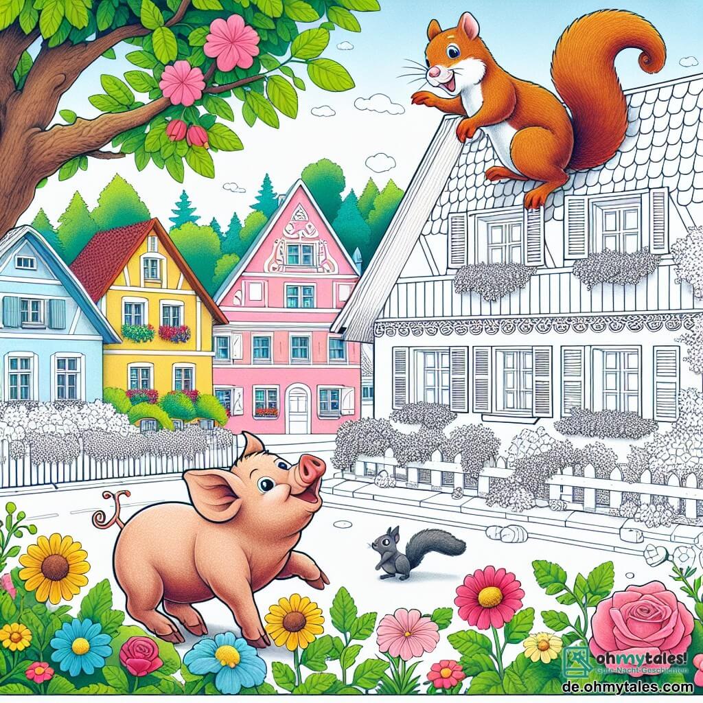 Une illustration destinée aux enfants représentant un petit cochon curieux, une Eichhörnchen acrobate, dans le pittoresque village de Tierhausen, où les maisons colorées sont entourées de fleurs et d'arbres verdoyants.