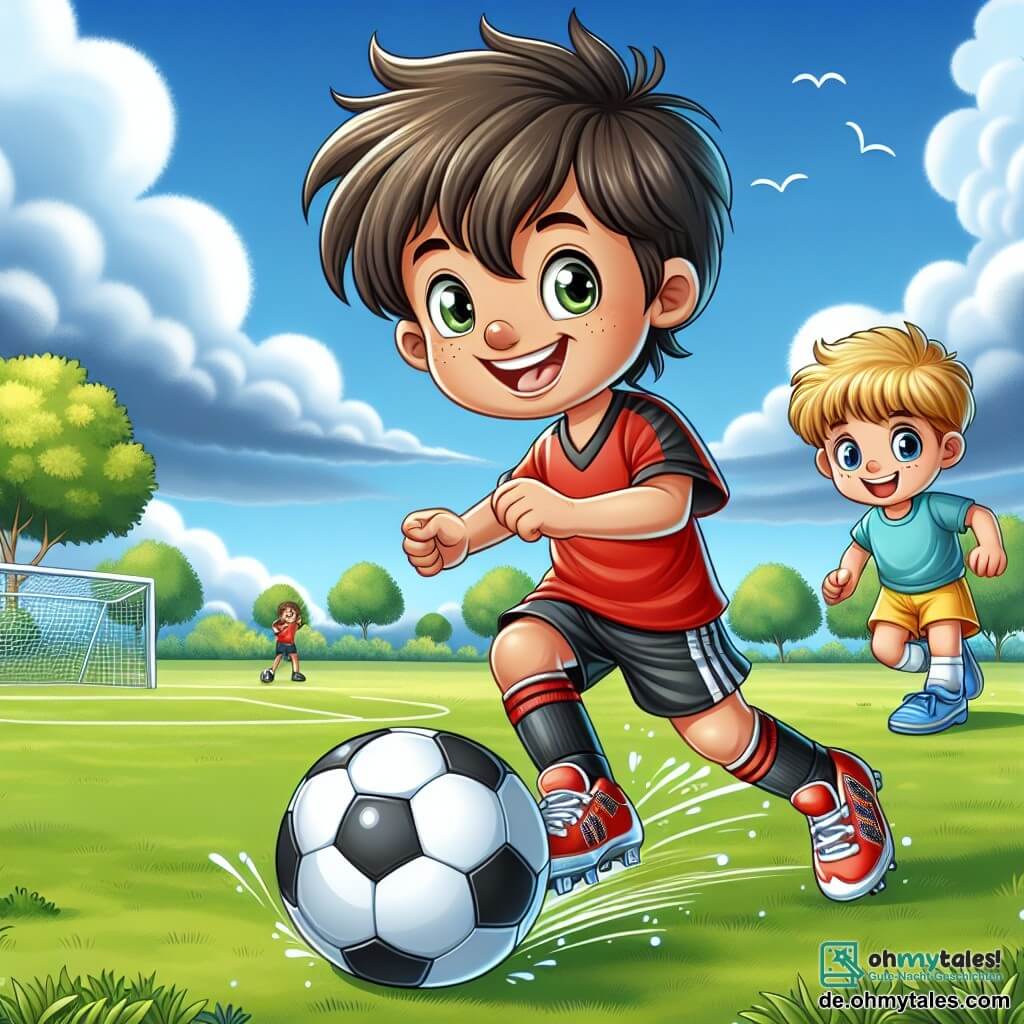 Illustration eines grünen Fußballfeldes unter einem strahlend blauen Himmel mit sanft schwebenden weißen, flauschigen Wolken. In der Mitte dribbelt ein athletischer Junge von etwa 12 Jahren mit zerzausten braunen Haaren und einem strahlenden Lächeln einen schwarz-weißen Fußball. Er trägt ein leuchtend rotes Trikot und eine schwarze Shorts, seine Sportschuhe sind auffällig und gut geschnürt. Neben ihm steht ein kleinerer Junge von etwa 8 Jahren mit blonden Haaren und funkelnden Augen, der bewundernd zusieht. Er trägt ein blaues T-Shirt und eine gelbe Shorts und hält einen Fußball unter dem Arm. Die Szene fängt die Energie und Aufregung des Spiels ein, mit Lachen und freudigen Gesten, während grüne Bäume das Feld säumen und einige Vögel am Himmel fliegen.