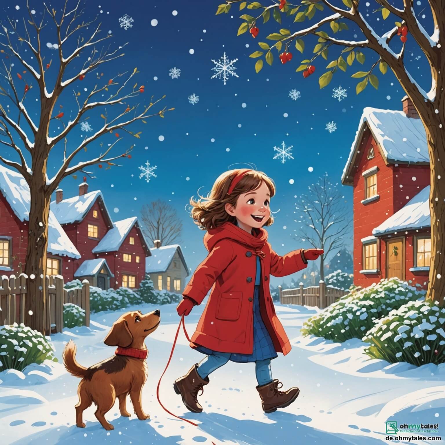 Une illustration destinée aux enfants représentant une petite fille aux yeux pétillants et au sourire radieux, vêtue d'un manteau rouge vif, jouant dans un jardin enneigé où des flocons de neige dansent autour d'elle, tandis qu'un petit chien brun aux oreilles tombantes, son fidèle compagnon, s'amuse à ses côtés, le tout sous un ciel bleu clair et lumineux, avec un grand sapin décoré de guirlandes scintillantes en arrière-plan.