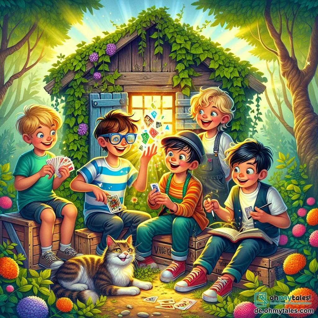 Illustration eines alten Holzschuppens, der mit Efeu bewachsen und von bunten Blumen umgeben ist, mit Sonnenstrahlen, die durch die Äste der Bäume filtern. Drinnen stehen vier Freunde im Mittelpunkt: ein 12-jähriger Junge mit braunen Haaren, der ein gestreiftes T-Shirt und eine Brille trägt und mit Karten zaubert; ein 12-jähriger Junge mit blonden Haaren, der ein breites Lächeln hat und einen Papierwitz hält; ein Junge mit kastanienbraunen Haaren, der eine Weste und Schutzbrille trägt und ein seltsames Gerät untersucht; und ein Junge mit schwarzen Haaren, der einen träumerischen Blick hat und ein aufgeschlagenes Buch mit fantastischen Kreaturen hält. Sie entdecken einen geheimnisvollen, leuchtenden grünen Kristall, der bunte Lichtblitze ausstrahlt, während eine Sonnenbrille tragende Katze, die auf einer Kiste sitzt, sie mit einem schelmischen Lächeln beobachtet. Die Atmosphäre ist magisch und humorvoll, voller lebendiger Farben und einem Abenteuergeist.