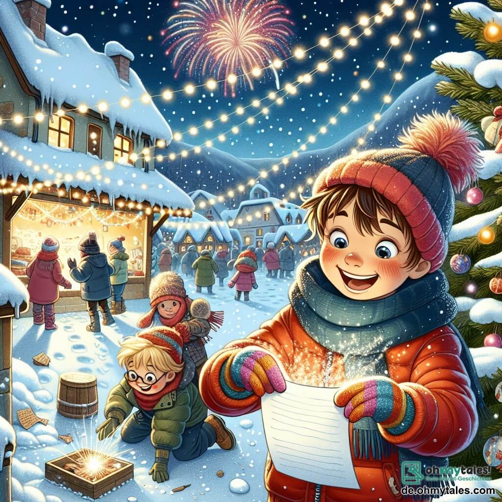 Eine Illustration zeigt eine magische Szene auf dem Markt eines kleinen Alpendorfes, beleuchtet von funkelnden Lichtergirlanden. Der Schnee bedeckt den Boden und schafft einen strahlend weißen Teppich, während sanfte Schneeflocken vom sternenklaren Himmel fallen. Im Mittelpunkt der Szene steht ein 11-jähriger Junge mit zerzausten braunen Haaren und rosigen Wangen, der begeistert lächelt. Er trägt eine leuchtend rote Jacke, eine Wollmütze und bunte Handschuhe und hält ein Stück Papier in den Händen, auf dem er seine Neujahrsvorsätze geschrieben hat. Neben ihm lacht ein anderer Junge in seinem Alter mit blonden Haaren und Brille, während er einen Schneeball in die Luft wirft. Er trägt einen blauen Schal und einen schwarzen Mantel. Gemeinsam blicken sie zum Himmel, der von bunten Feuerwerken erleuchtet wird, was den Beginn eines neuen Jahres voller Versprechen und Abenteuer symbolisiert. Im Hintergrund versammeln sich Familien um einen großen, geschmückten Weihnachtsbaum, während Kinder im Schnee spielen und eine festliche, fröhliche Atmosphäre schaffen.